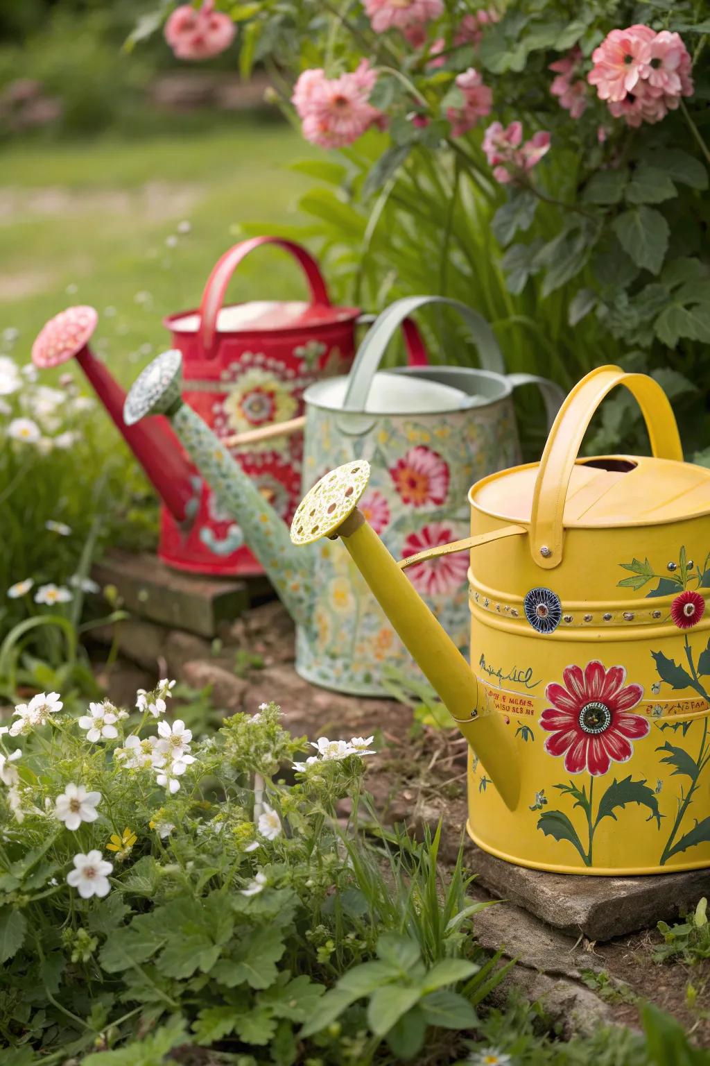 Add charm to your garden with painted watering cans.