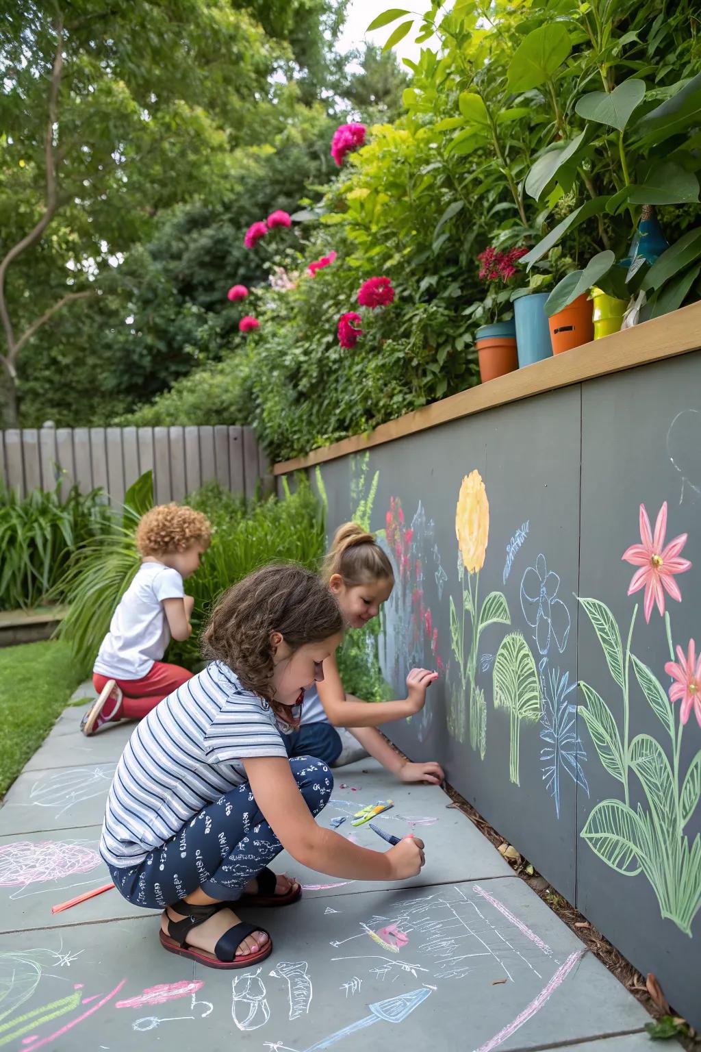 An outdoor chalk wall where children can express their creativity in a garden setting.