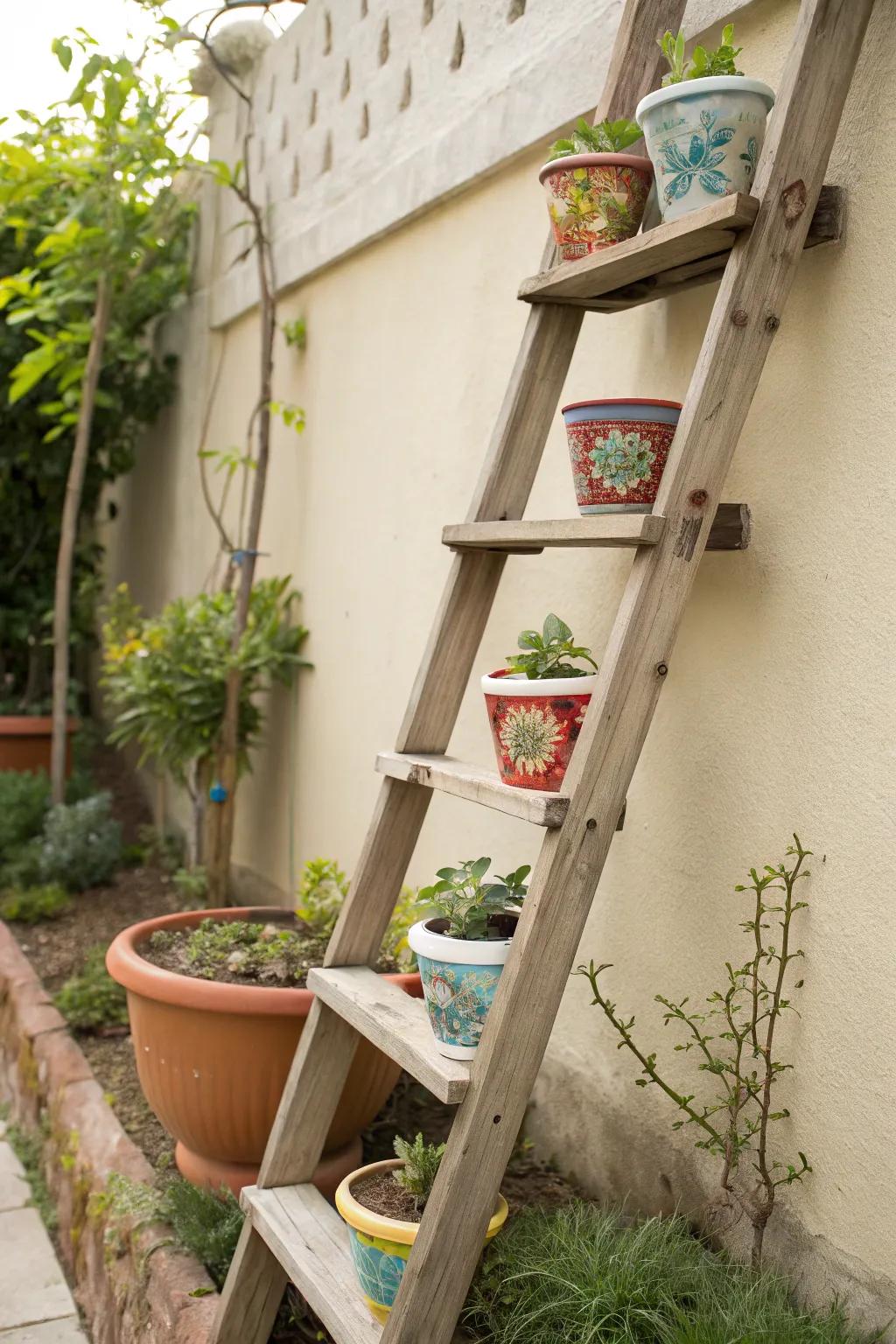 A creative ladder display with pottery adds height and charm.