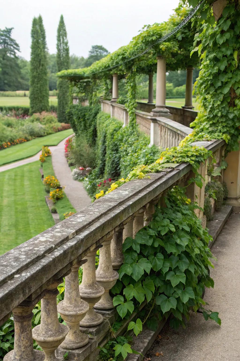 Climbing plants transform railings into living, vibrant garden features.