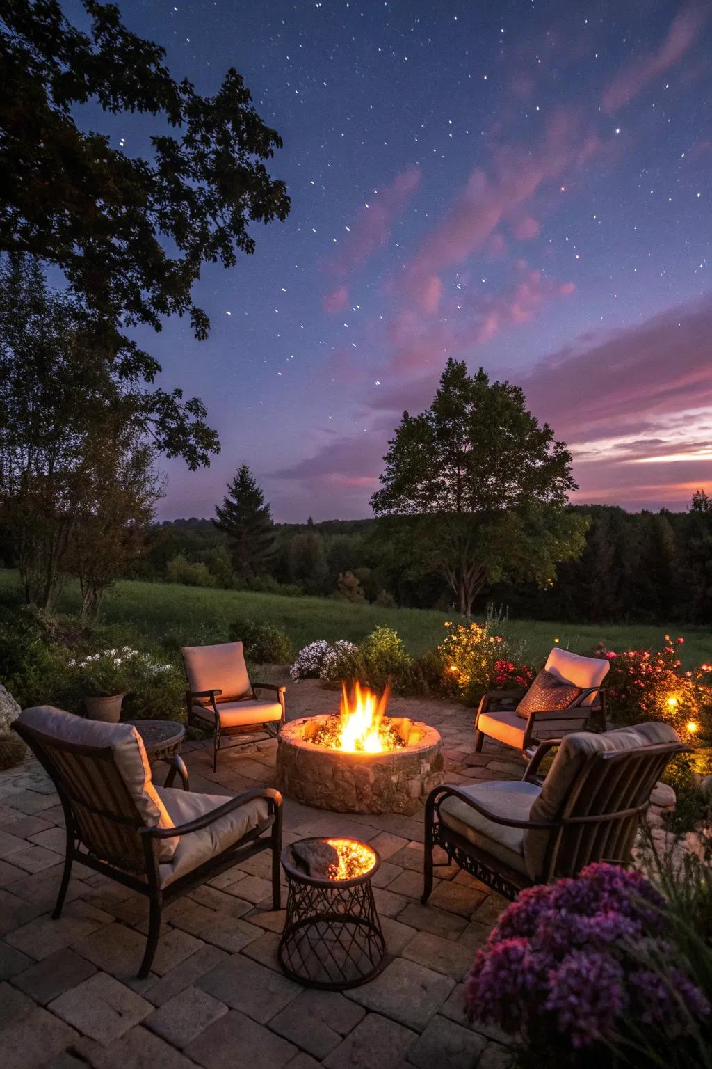 A warm and inviting garden fire pit area.