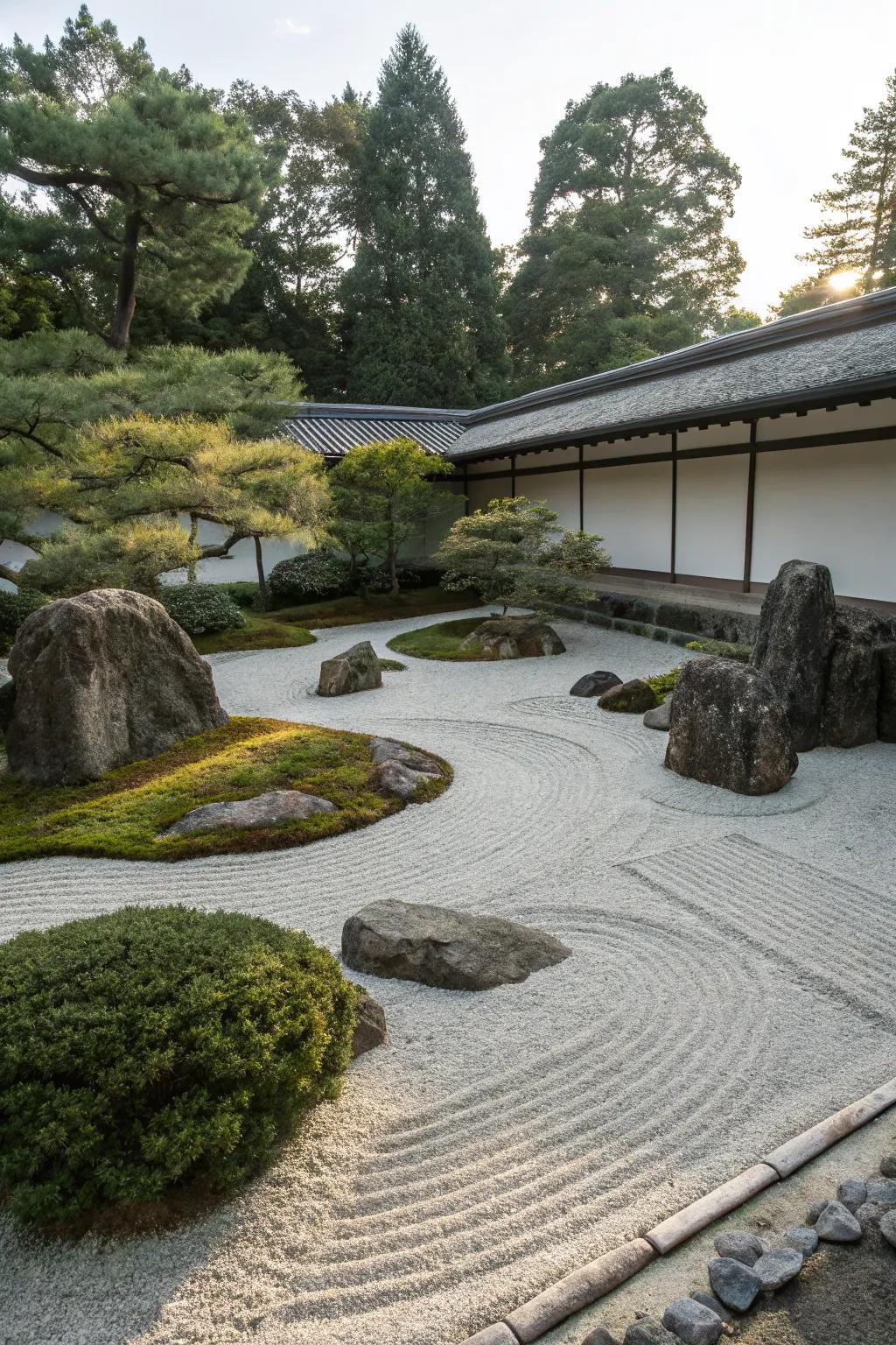 A Zen garden brings tranquility and order to outdoor spaces.