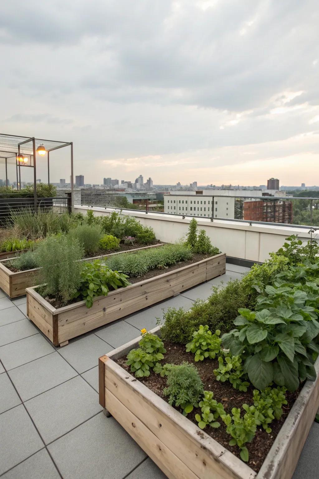 A productive and organized rooftop kitchen garden.