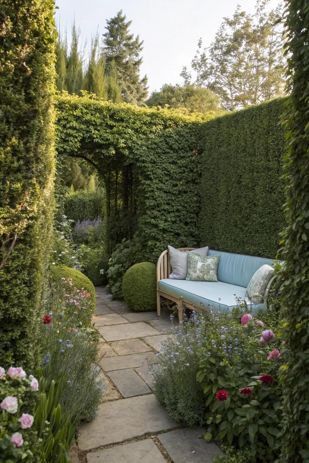 A private garden seating area surrounded by lush hedges.