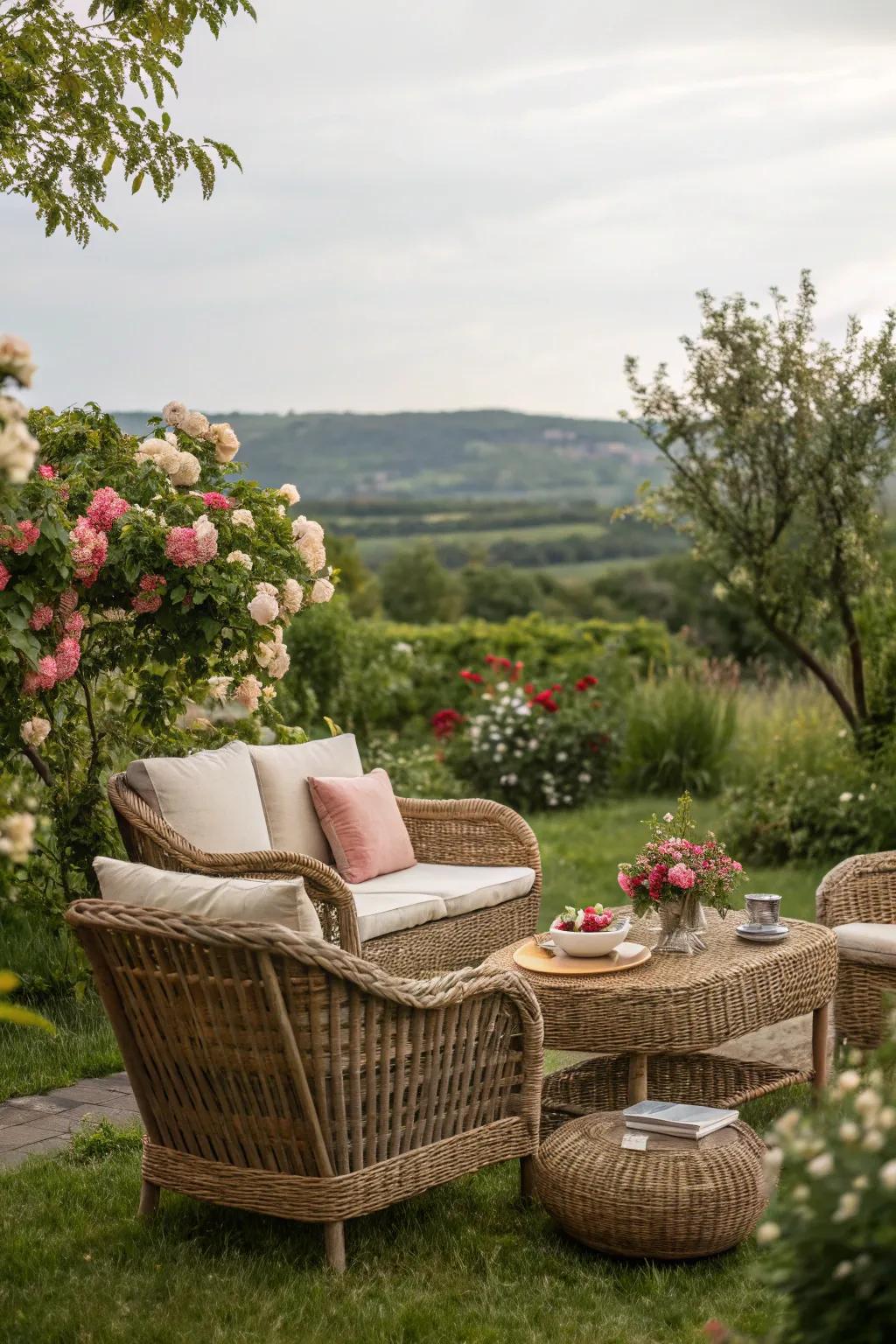 Wicker furniture offers a classic, comfy garden seating option.