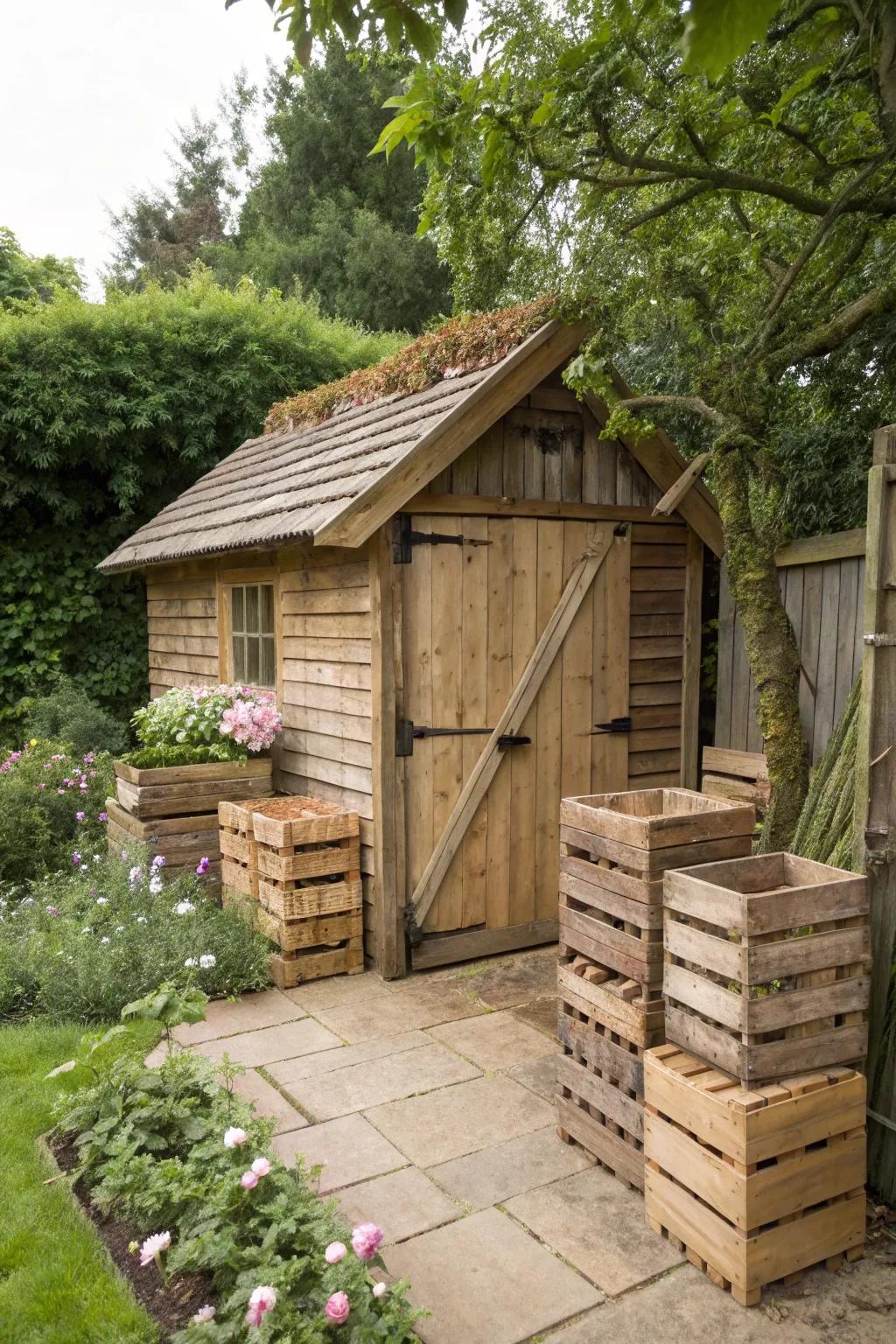 DIY solutions like wooden crates bring character and practicality to your shed.