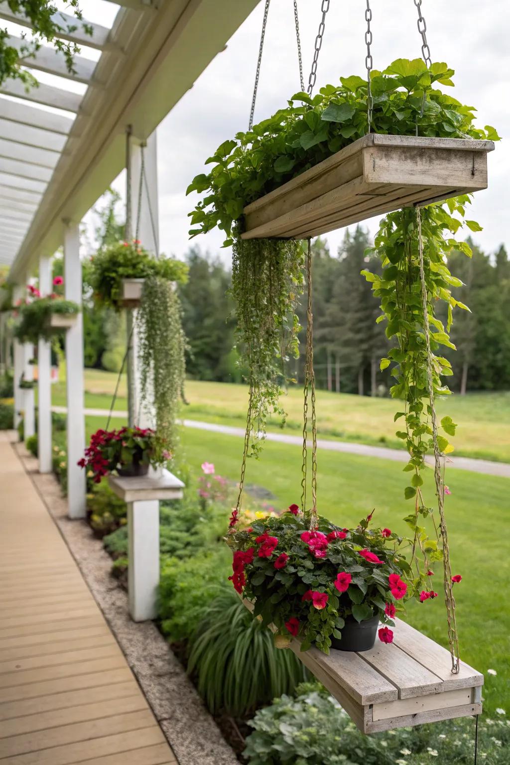Whimsical charm with hanging planter shelves.
