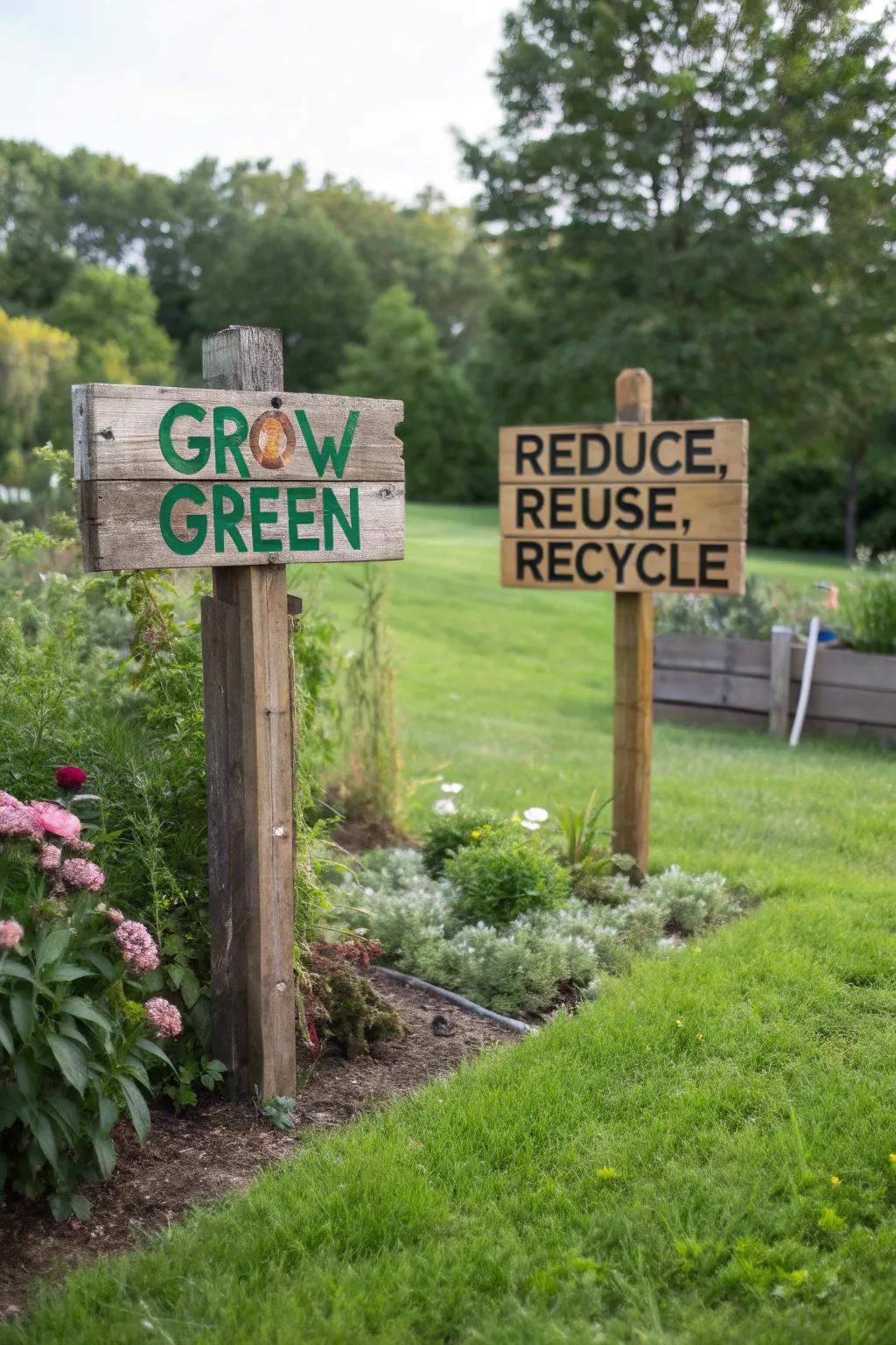 Eco-friendly signs promote sustainability in the garden.