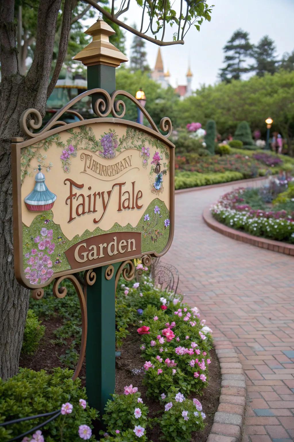 A magical garden sign with a fairy tale theme, enhancing a whimsical garden.