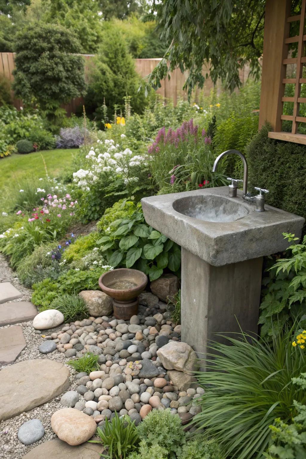 A hidden garden sink adds an element of surprise and functionality.