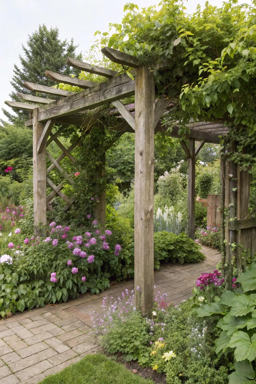 A pergola made from sleepers, perfect for climbing plants.