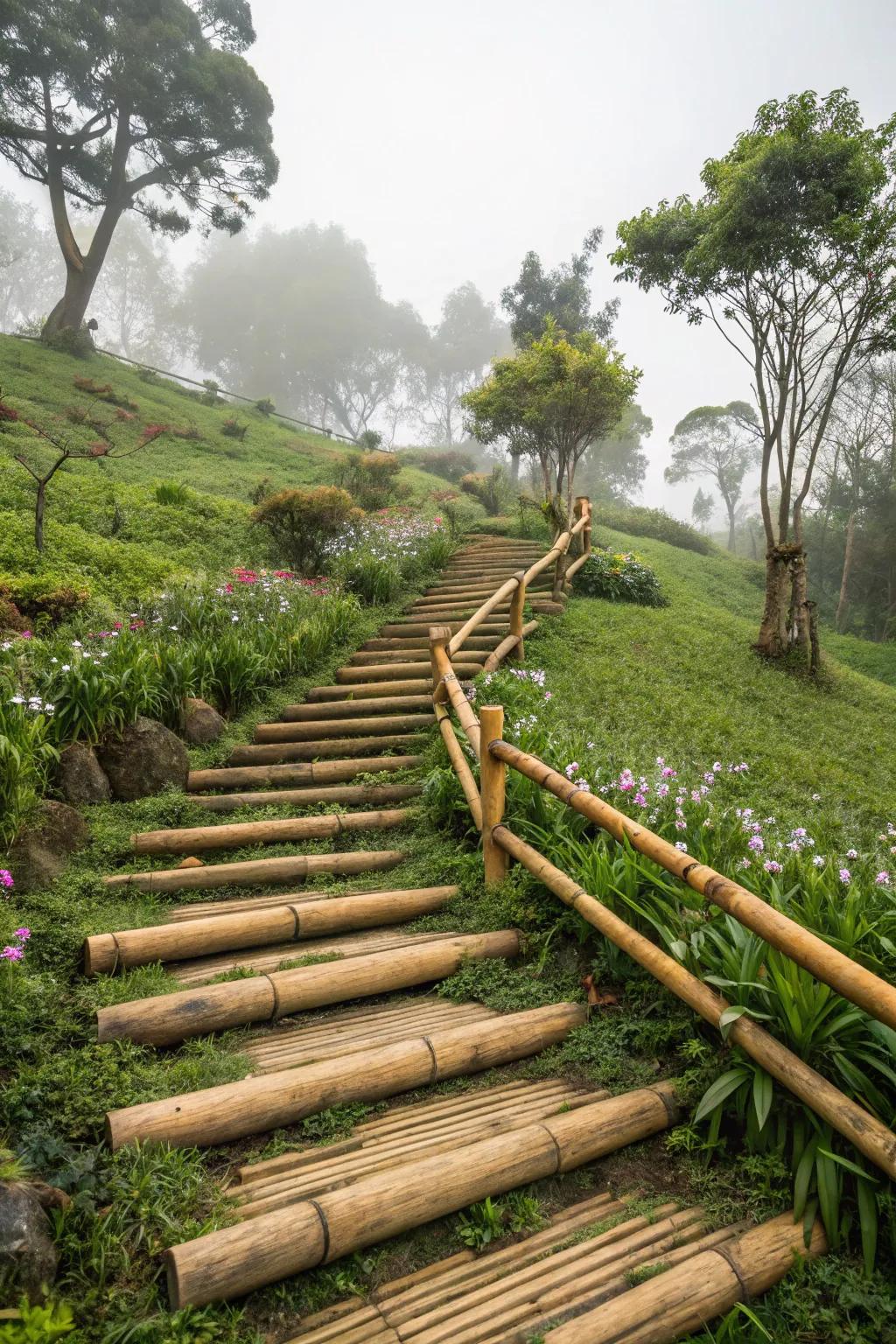 Exotic bamboo and log stairs in a tranquil garden.