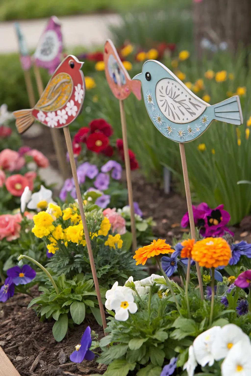 Vibrant bird-themed garden stakes adding a playful touch to the garden.