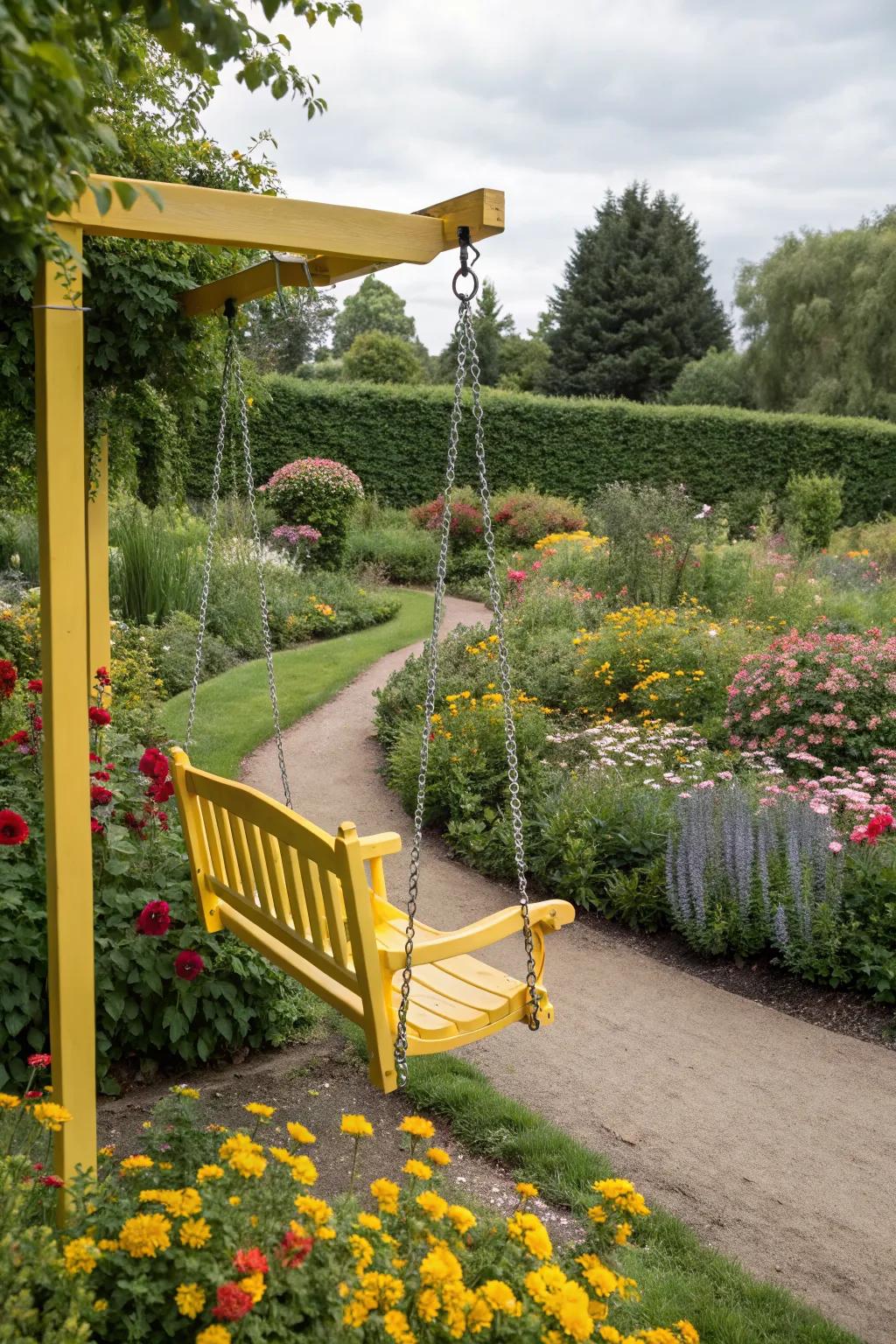 A colorful painted swing adds vibrancy and fun to the garden.