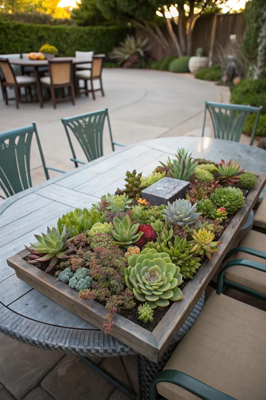 A living succulent centerpiece that adds life to any garden table.