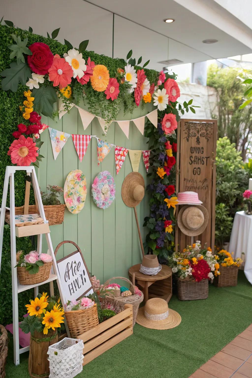 A photo booth with garden-themed props captures fun memories.