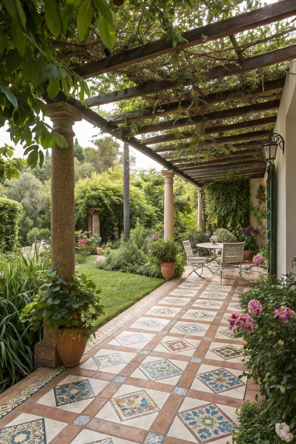 Tiled floors add charm and comfort under pergola spaces.