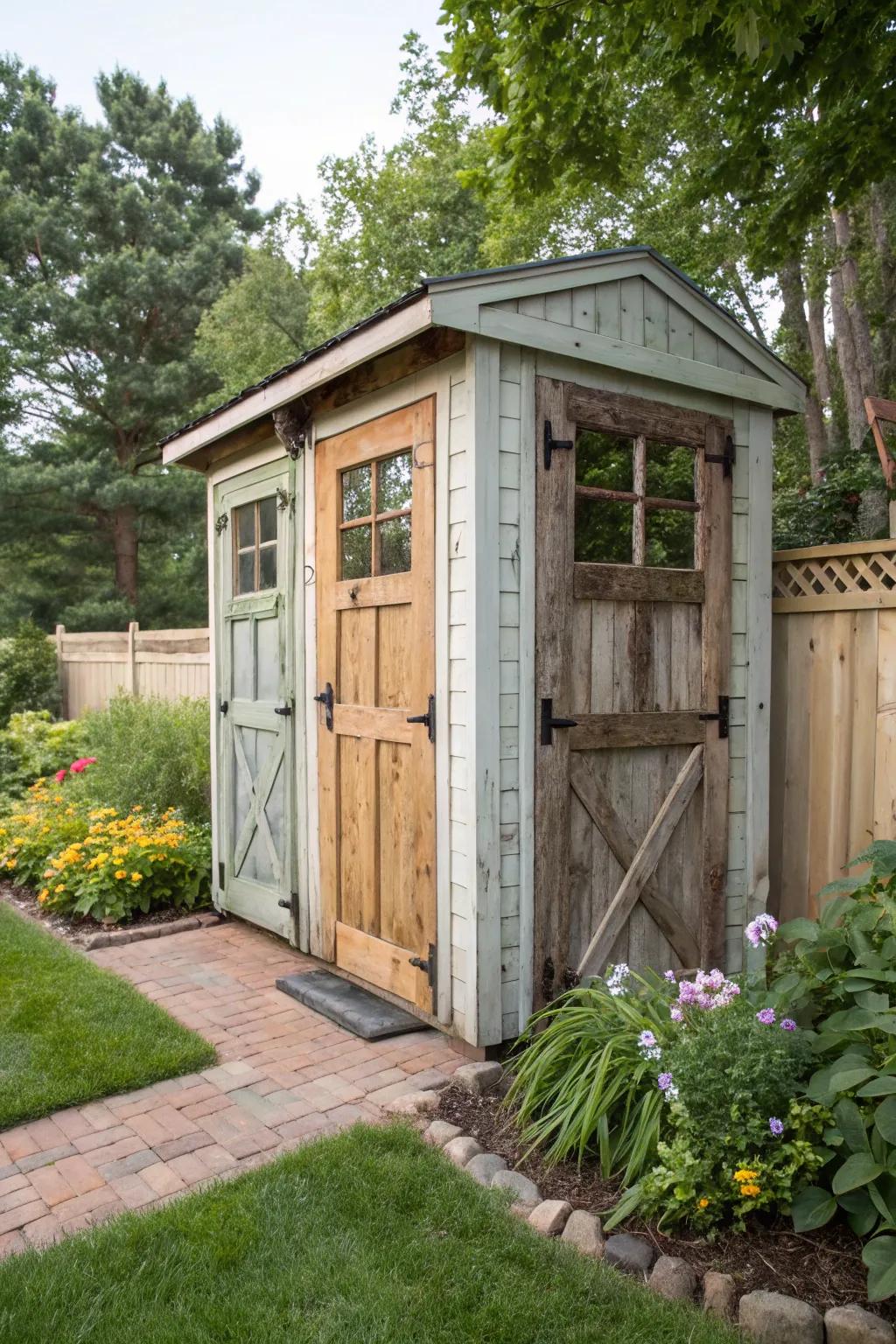 A unique garden shed made from reclaimed doors.