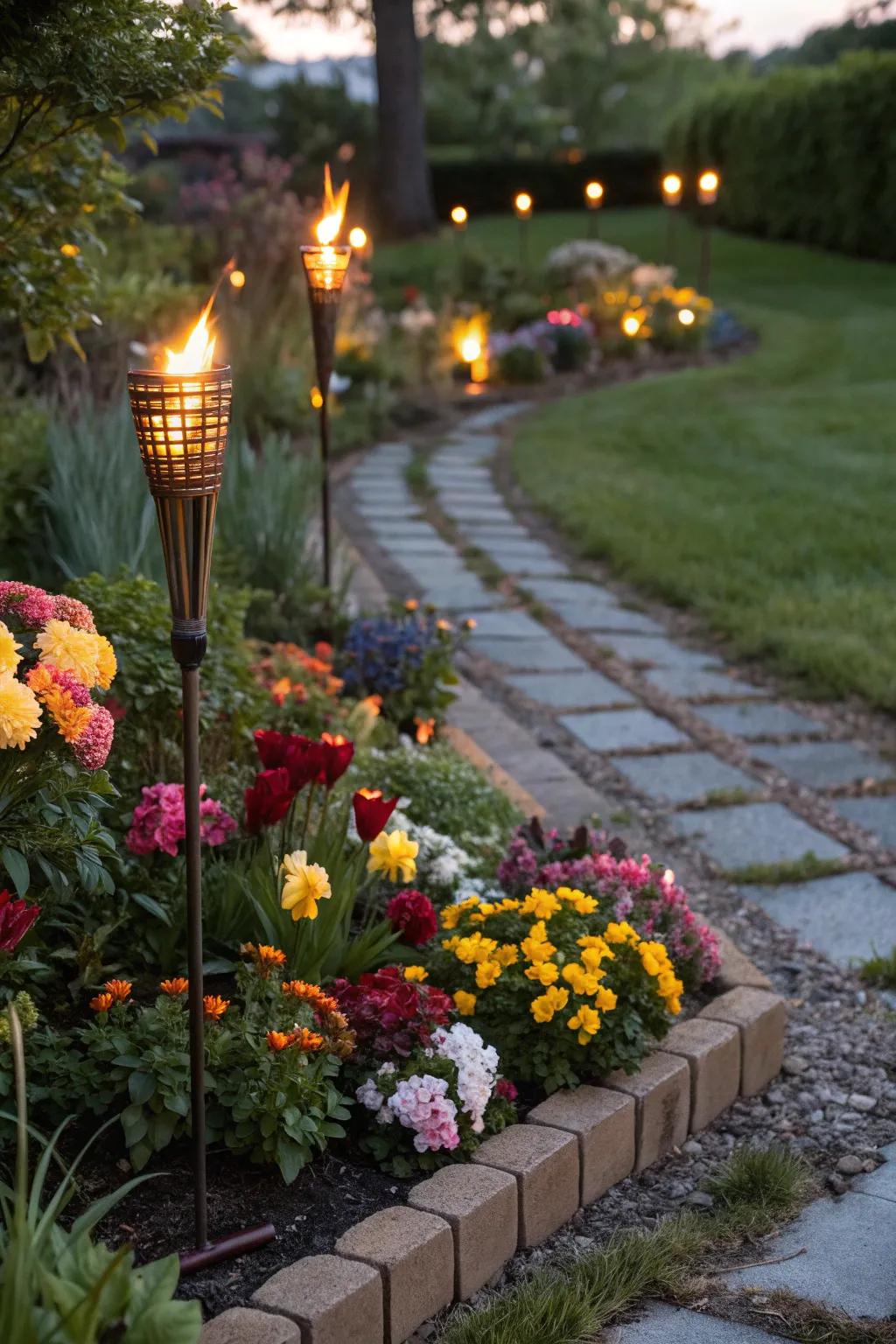 Illuminate garden beds with torches to showcase vibrant blooms.