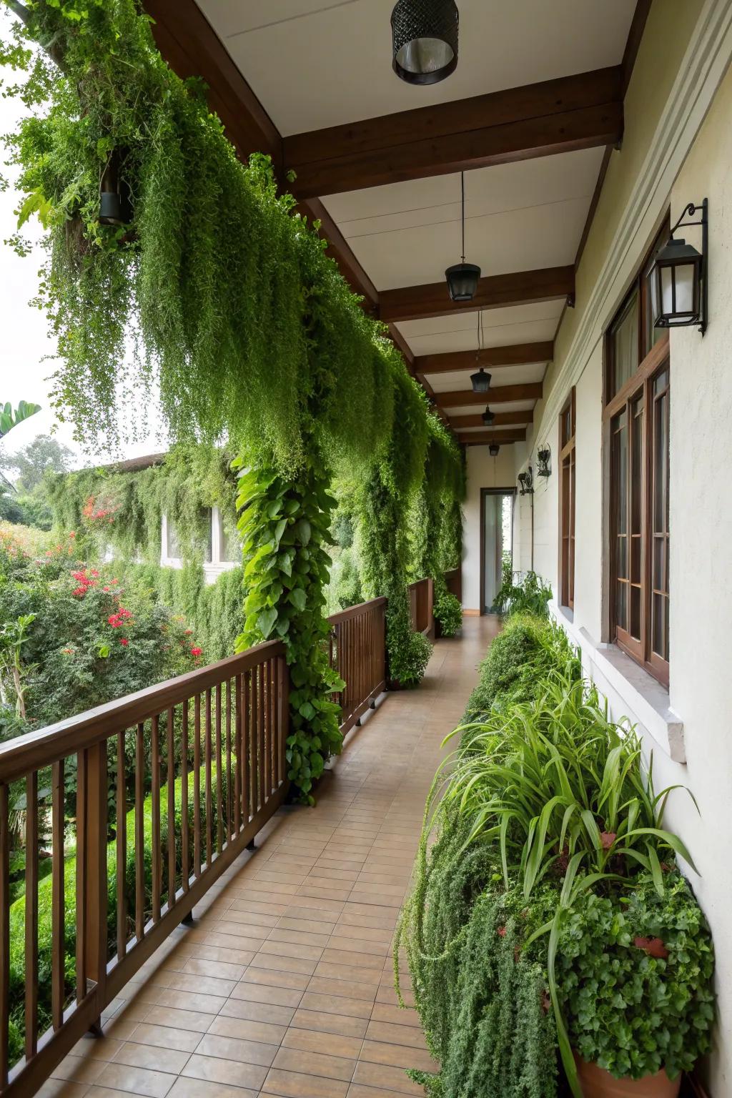 A vibrant vertical garden adds life to a garden veranda.
