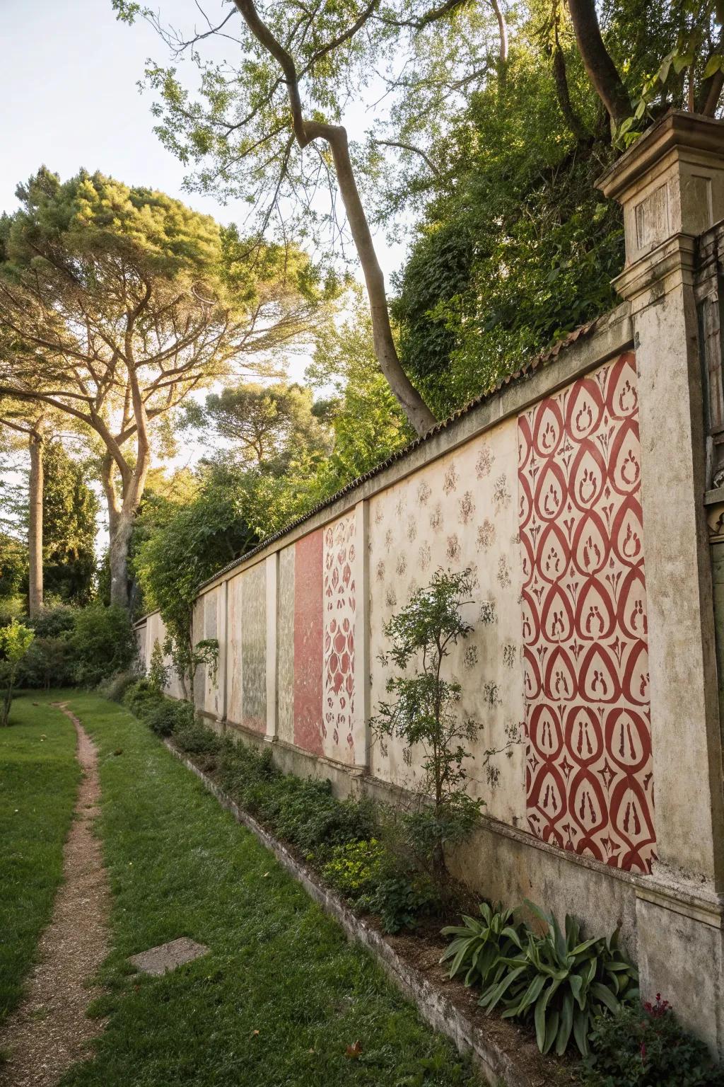 Weather-treated wallpaper adds unexpected texture and pattern to garden walls.