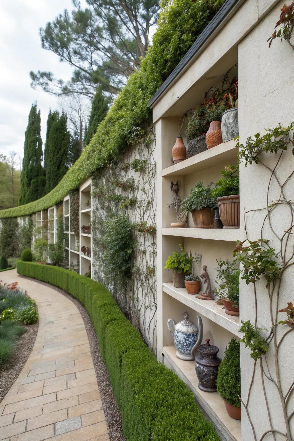 Unique shelves provide function and flair to your garden wall.