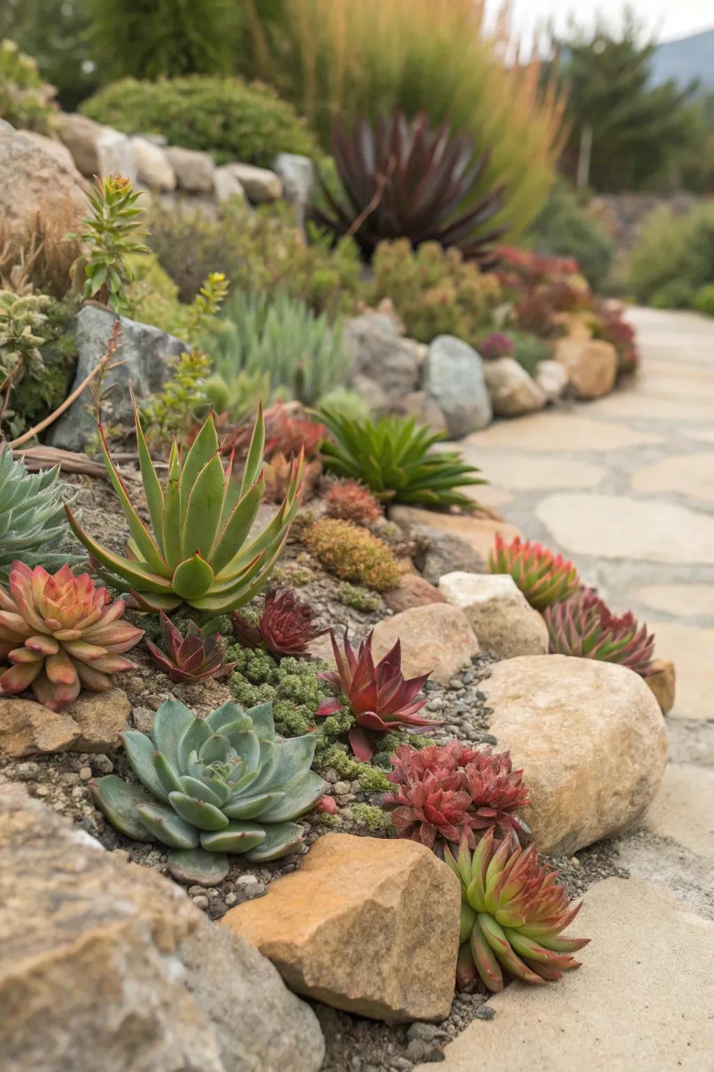 A serene rock garden featuring hardy succulents and natural stones.