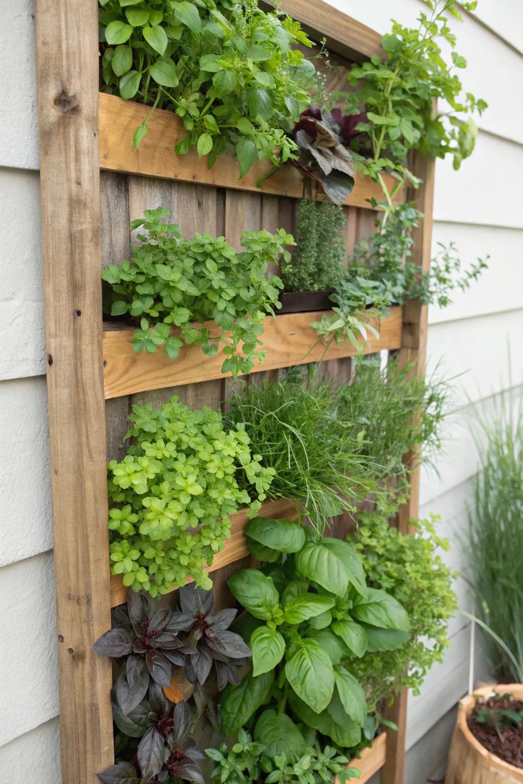 A space-saving vertical garden filled with vibrant herbs.