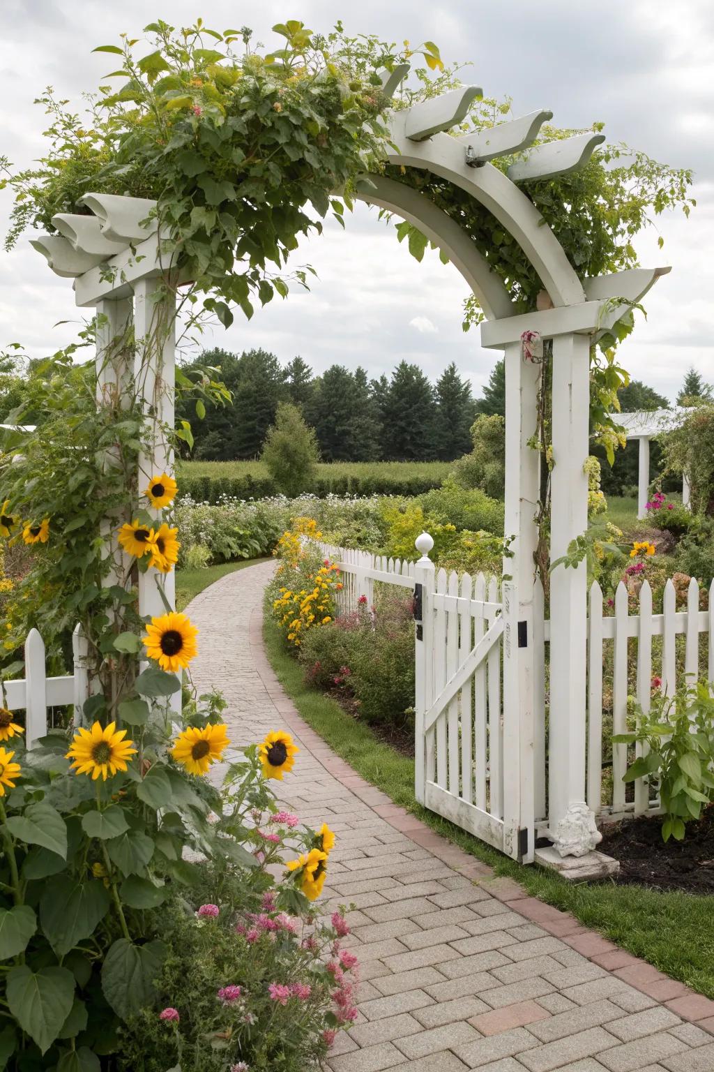 A white picket arbor surrounded by sunflowers creates a charming, storybook entrance.