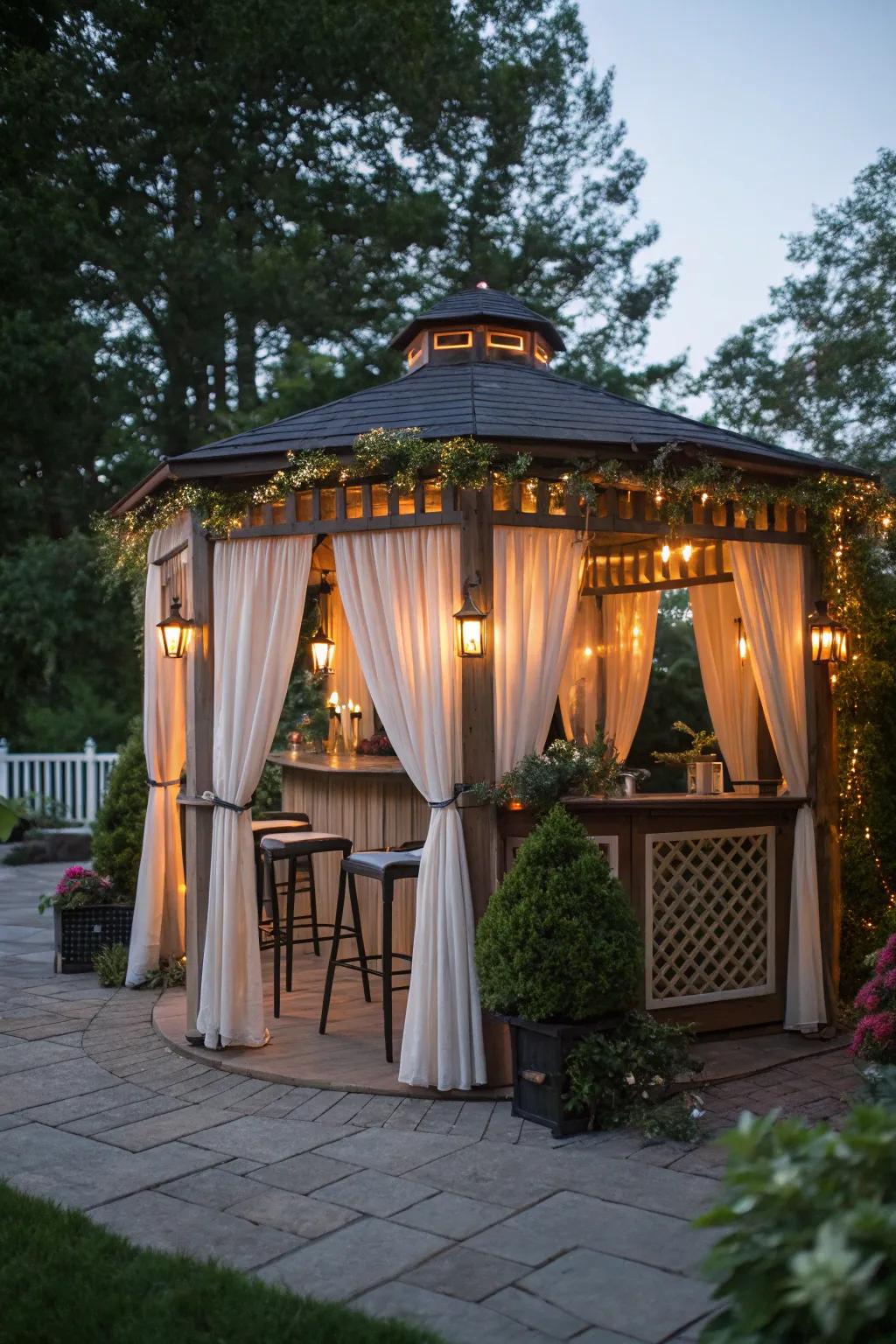 A hidden retreat gazebo bar with privacy features for ultimate relaxation.