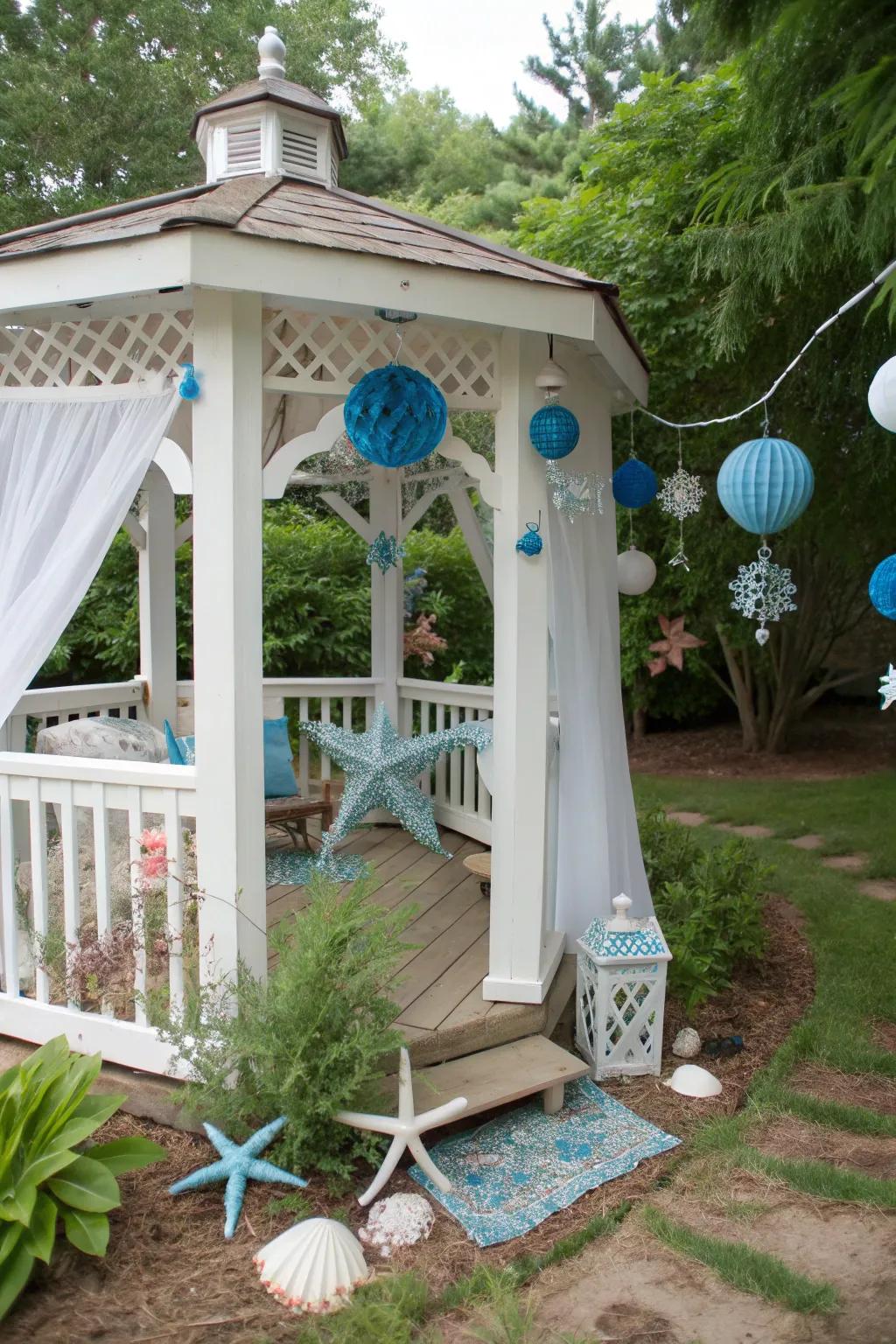 Capture coastal charm with a white gazebo and beachy decor.