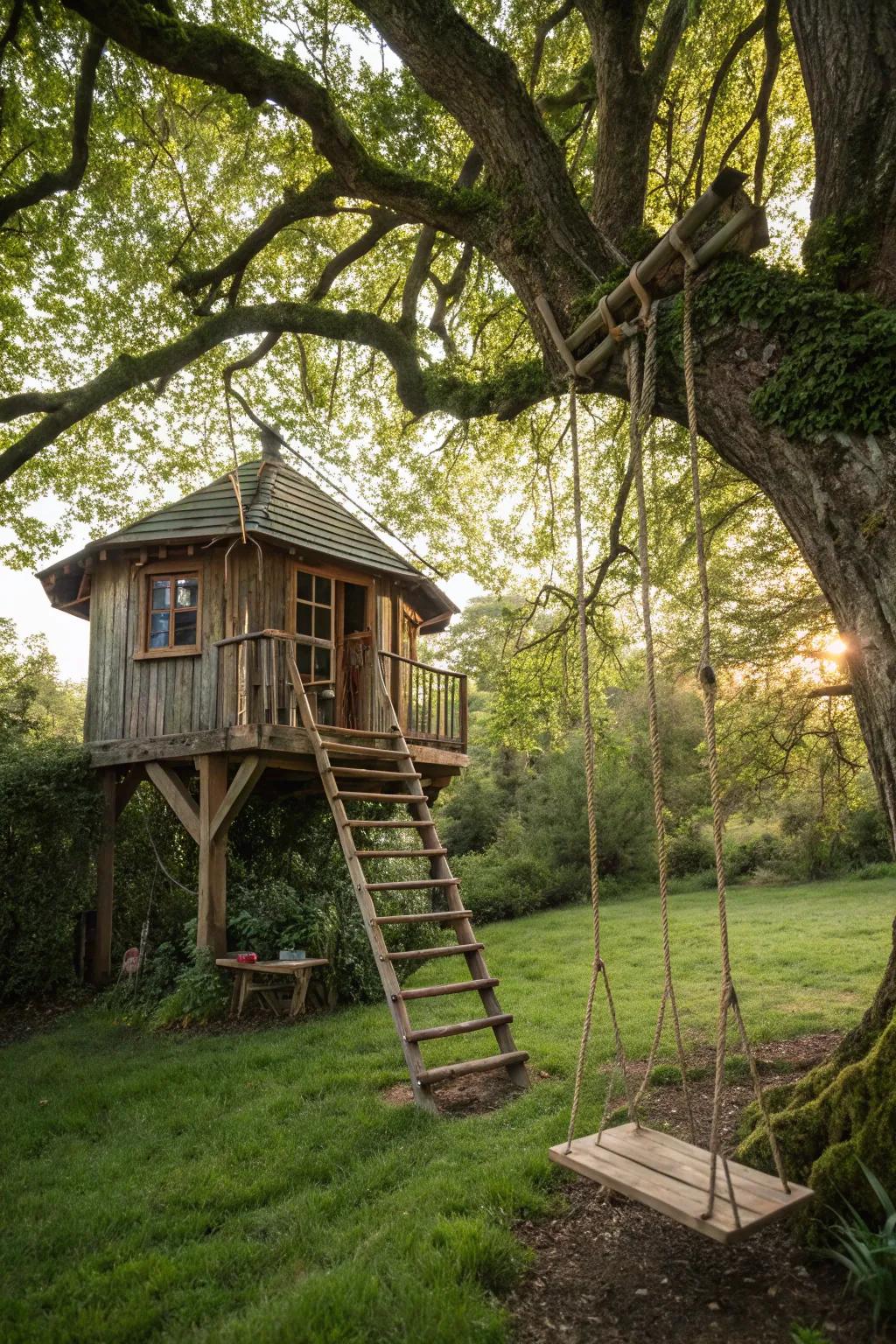 A playful treehouse gazebo complete with a swing.