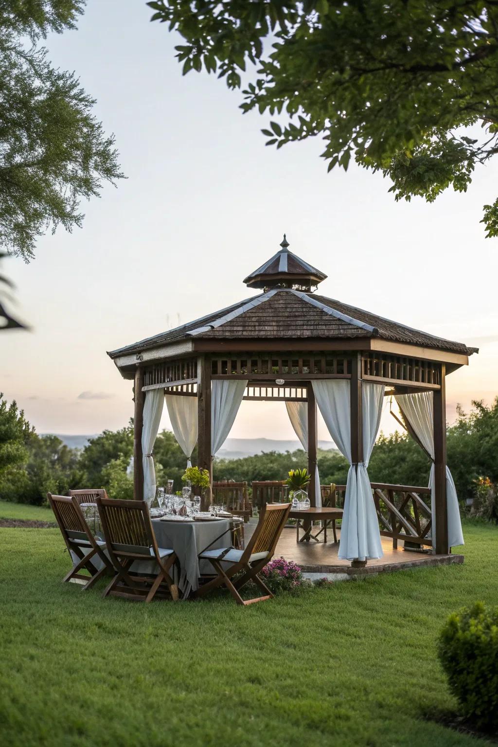 A multi-functional gazebo perfect for dining and relaxing in style.