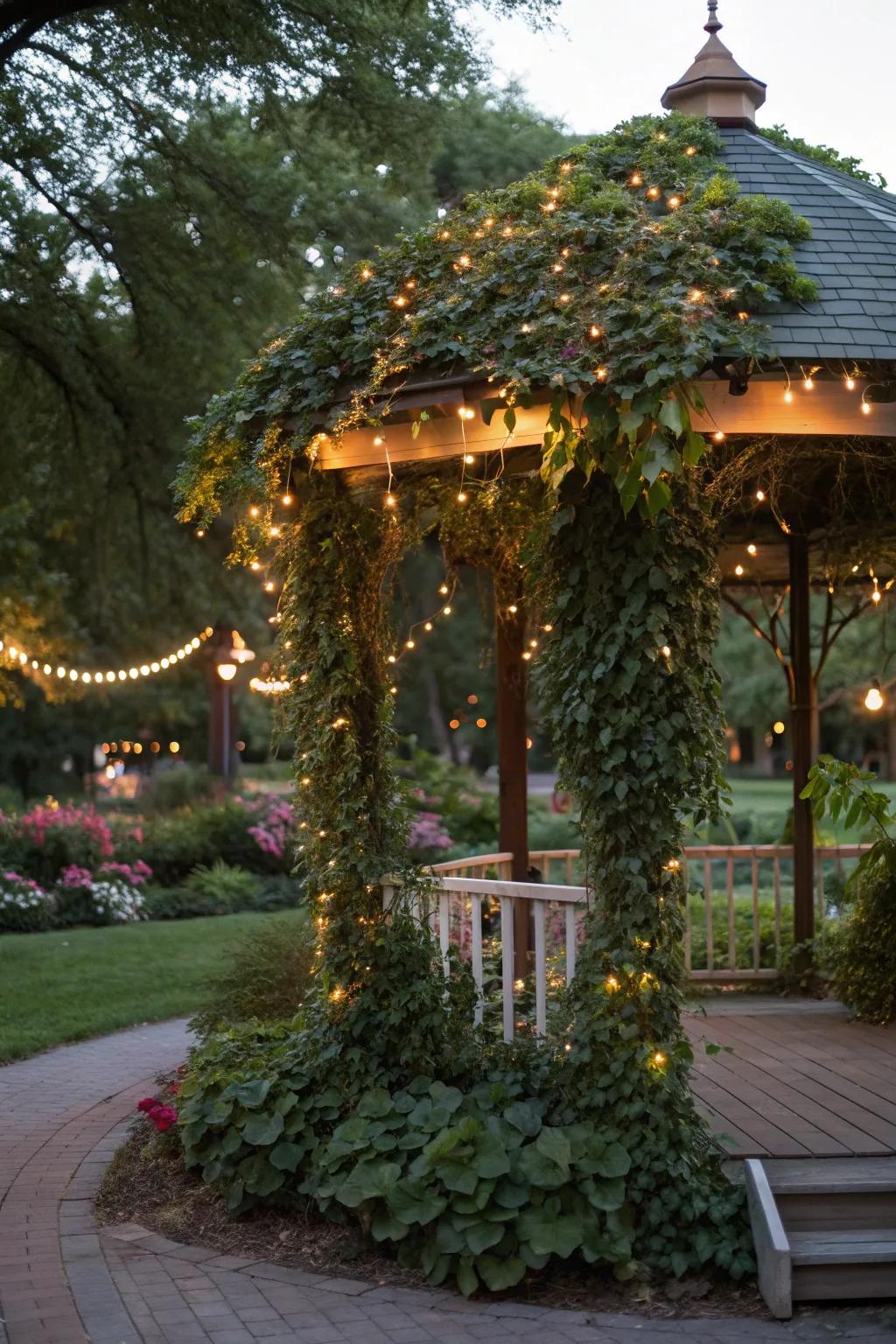 A garden-inspired canopy creating an intimate atmosphere in a gazebo.
