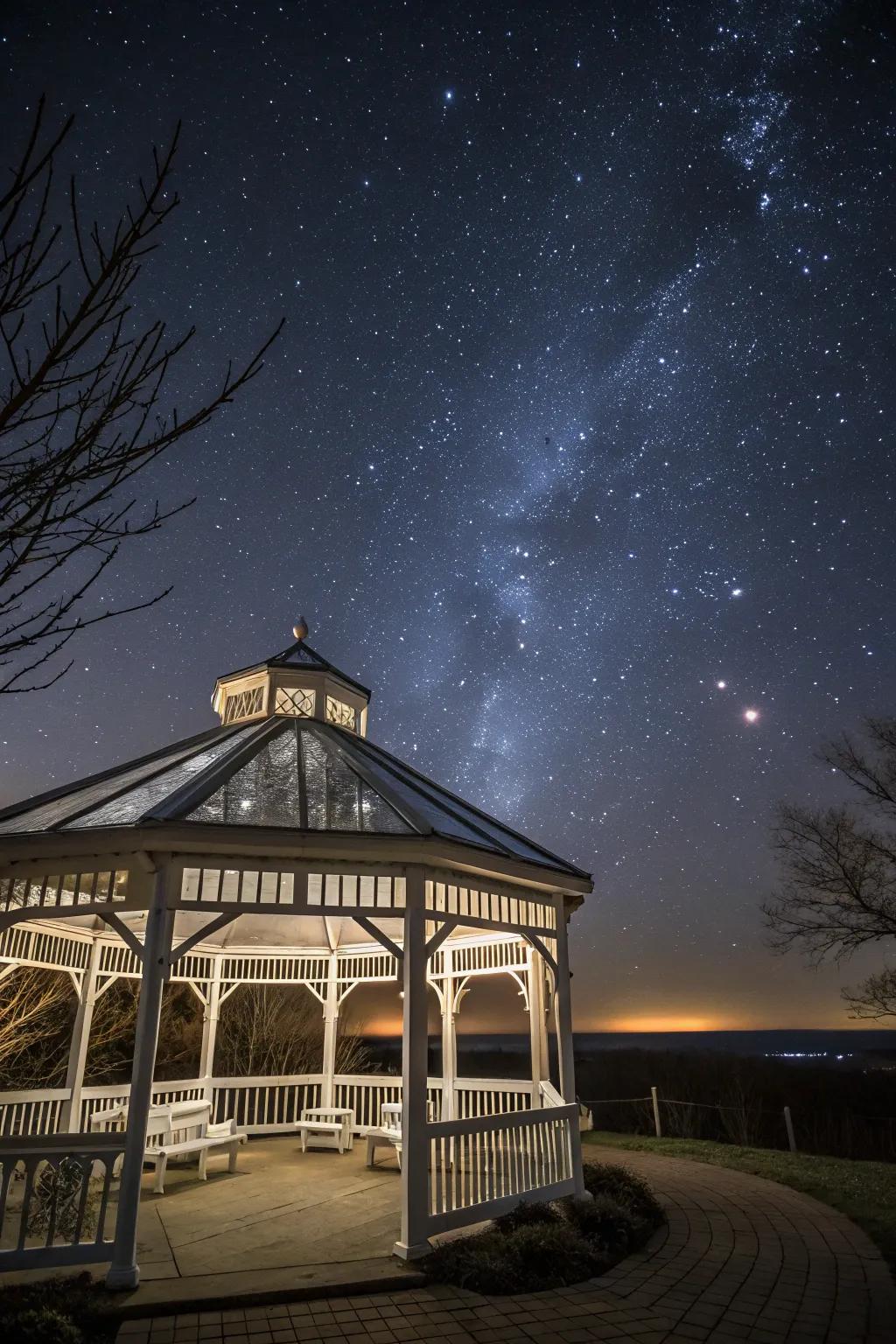 A gazebo with a clear roof for a magical proposal under the stars.