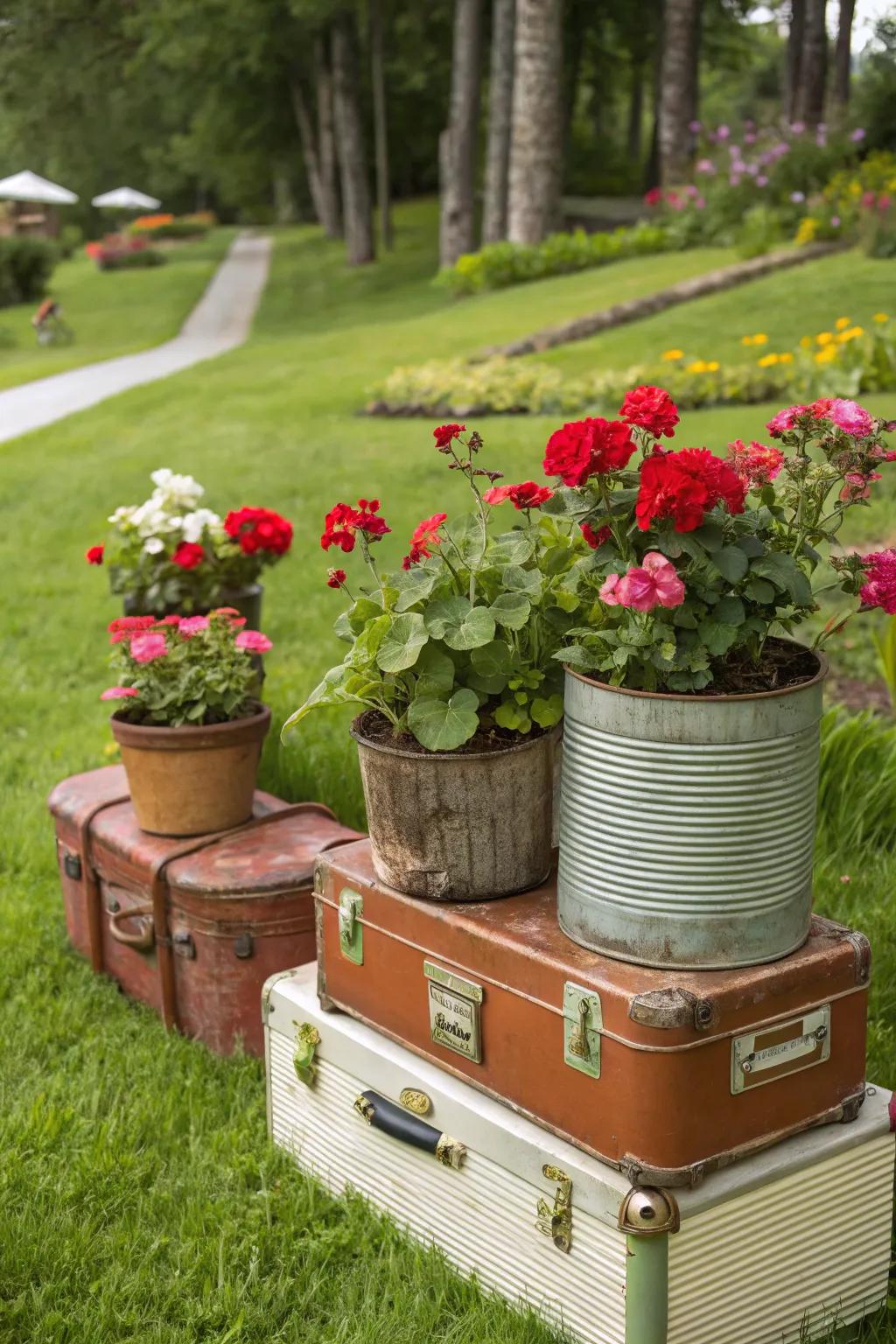 Upcycled planters featuring geraniums offer a unique garden style.