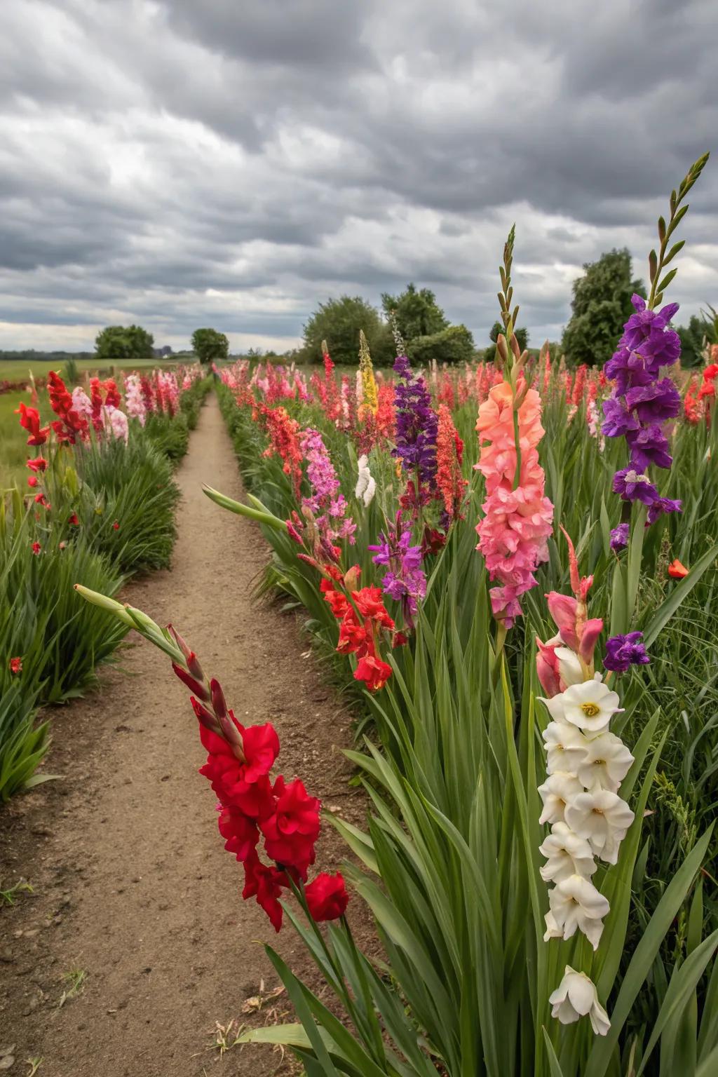 Color-themed gladiolus sections create a cohesive garden look.