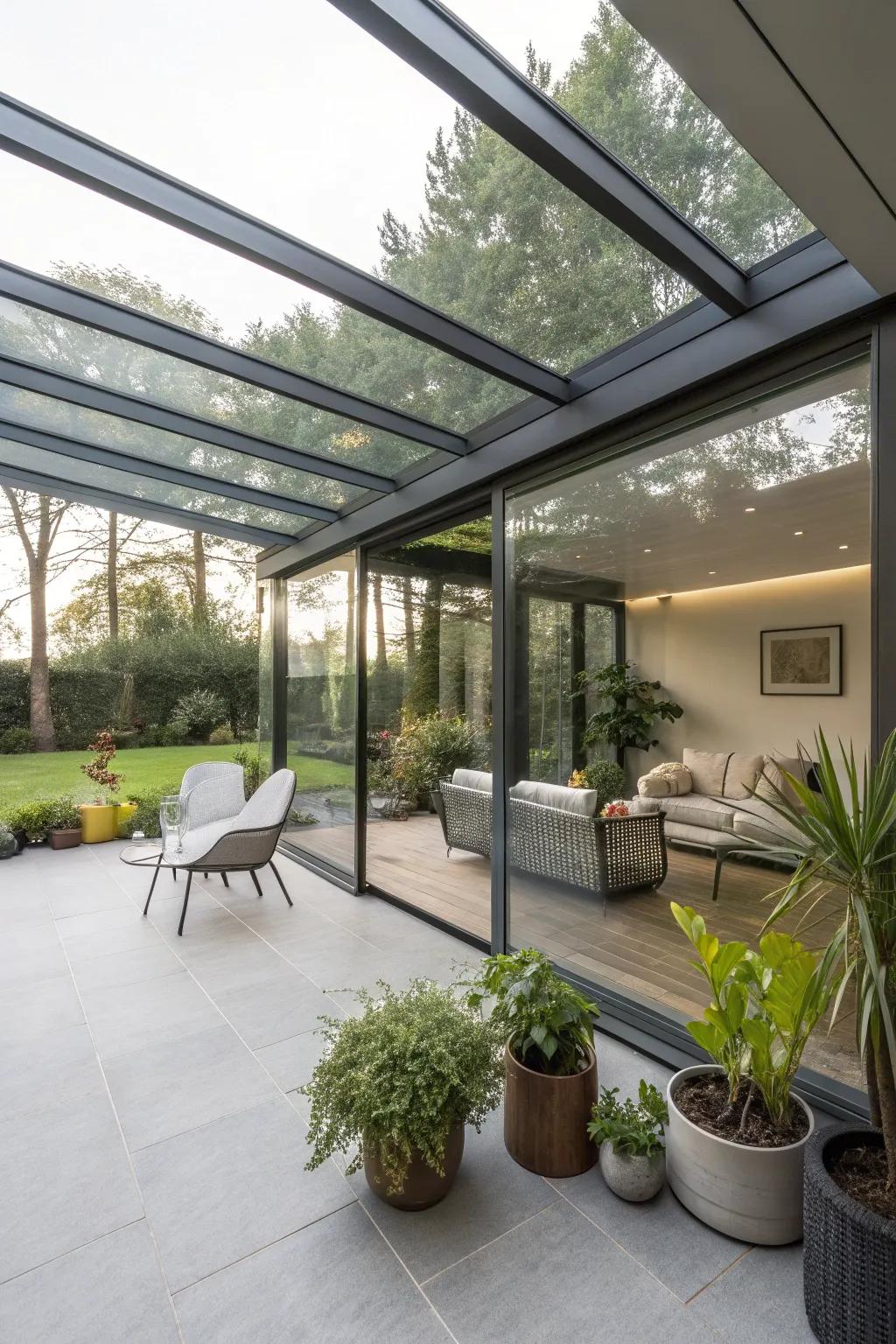 A flat roof adds a modern twist to the porch design.