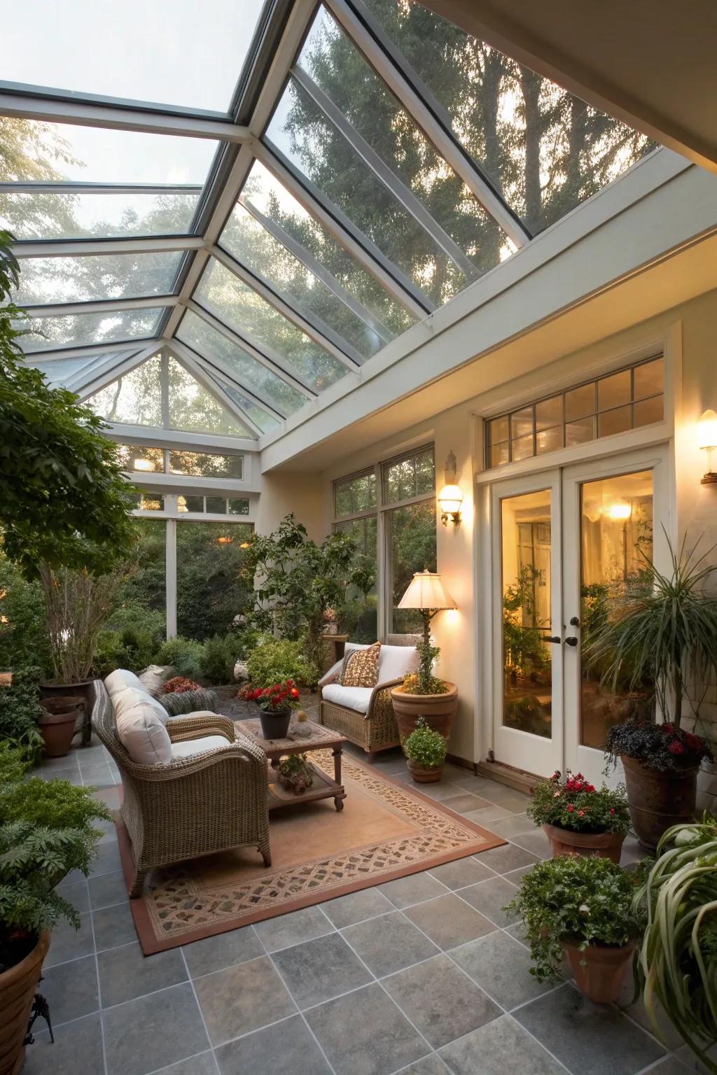 A sunlit glass porch with a stunning skylight feature.