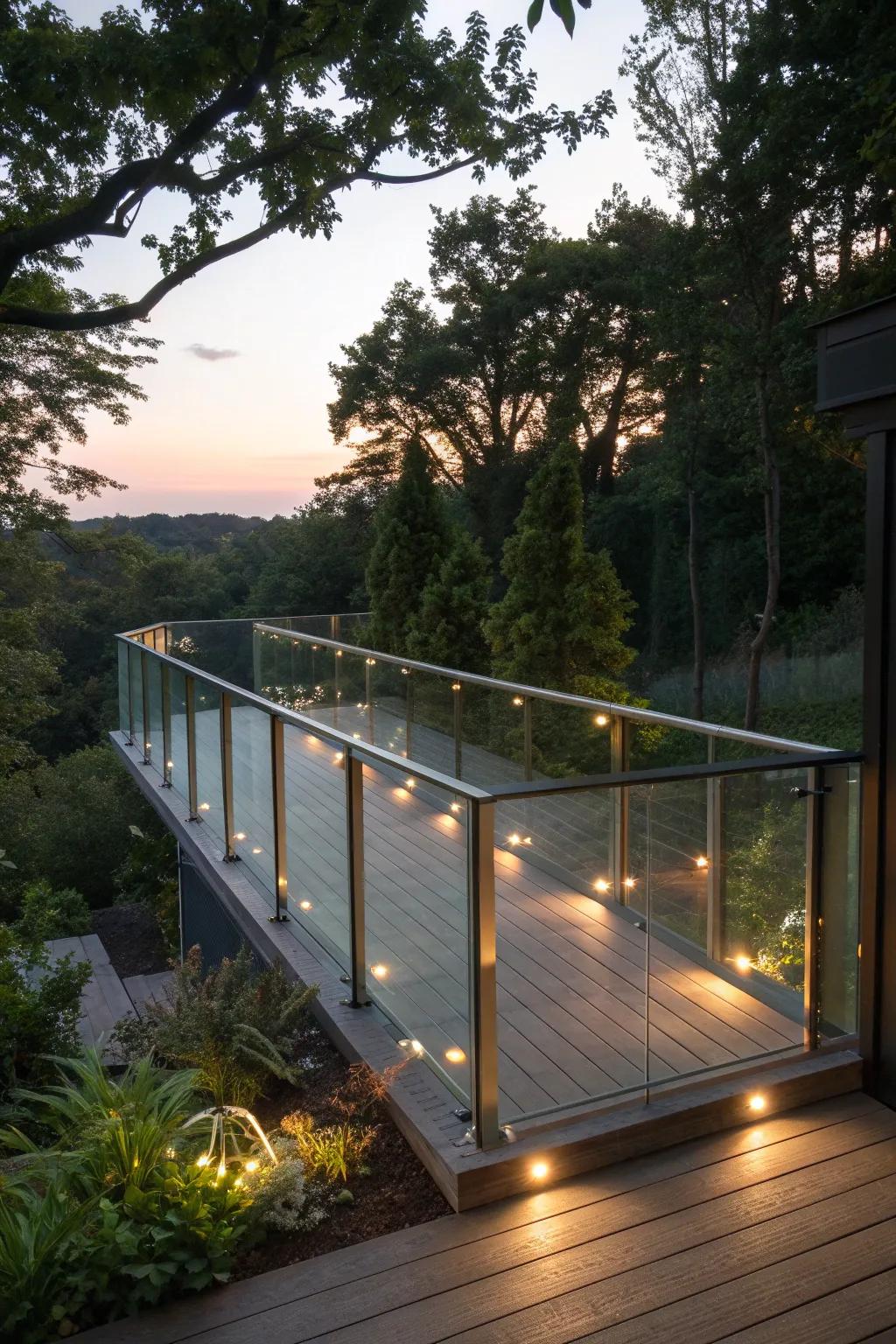 Integrated lighting in glass railings enhancing the evening ambiance of a deck.