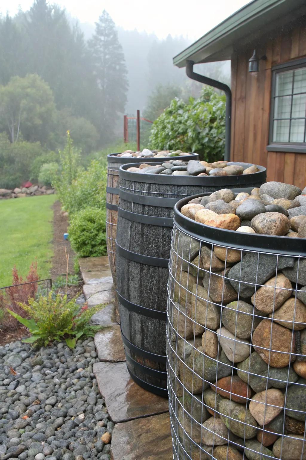 Gabion-covered rain barrels making a stylish statement