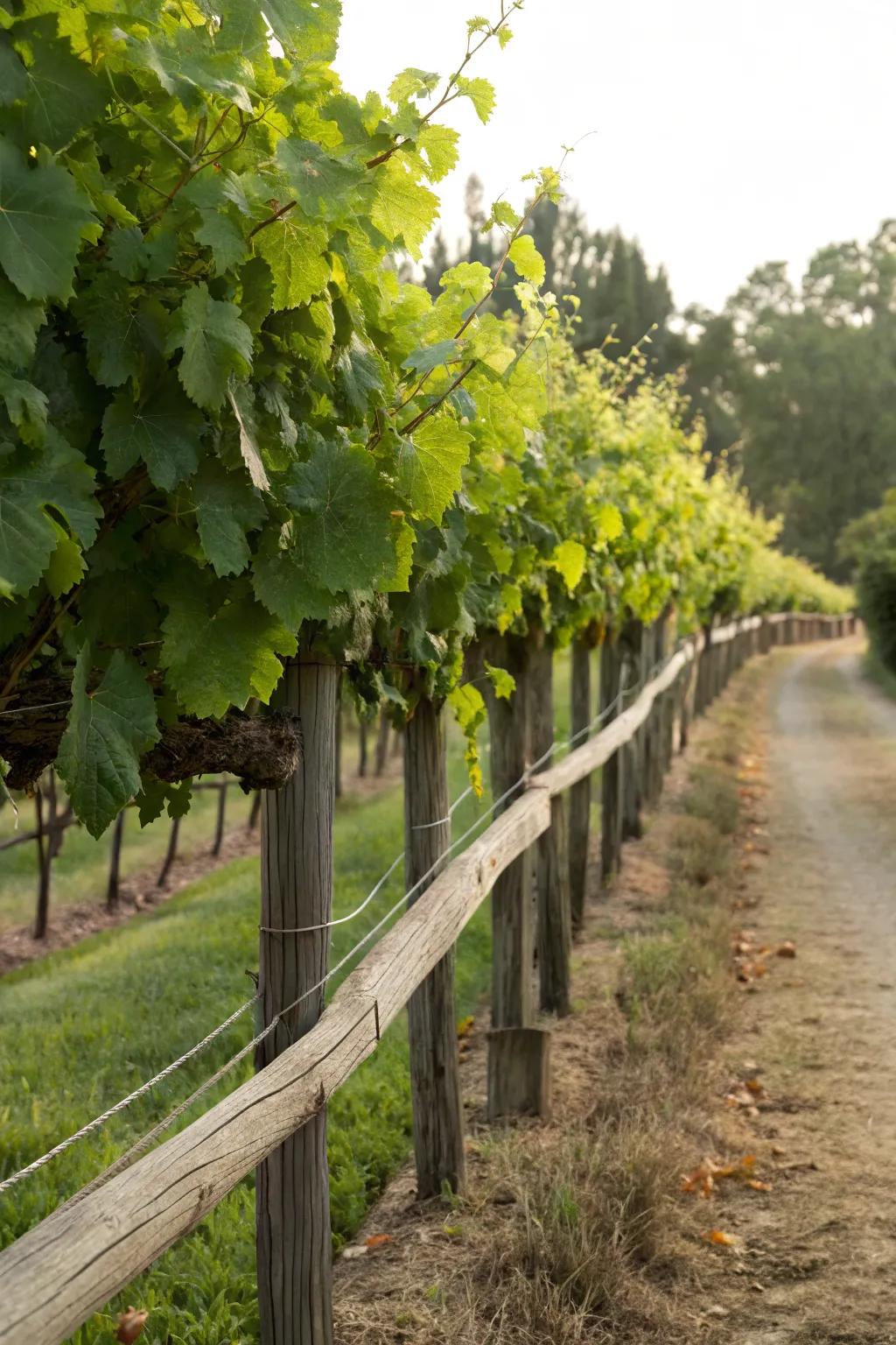 A fenceline transformed into a lush grape vine feature.