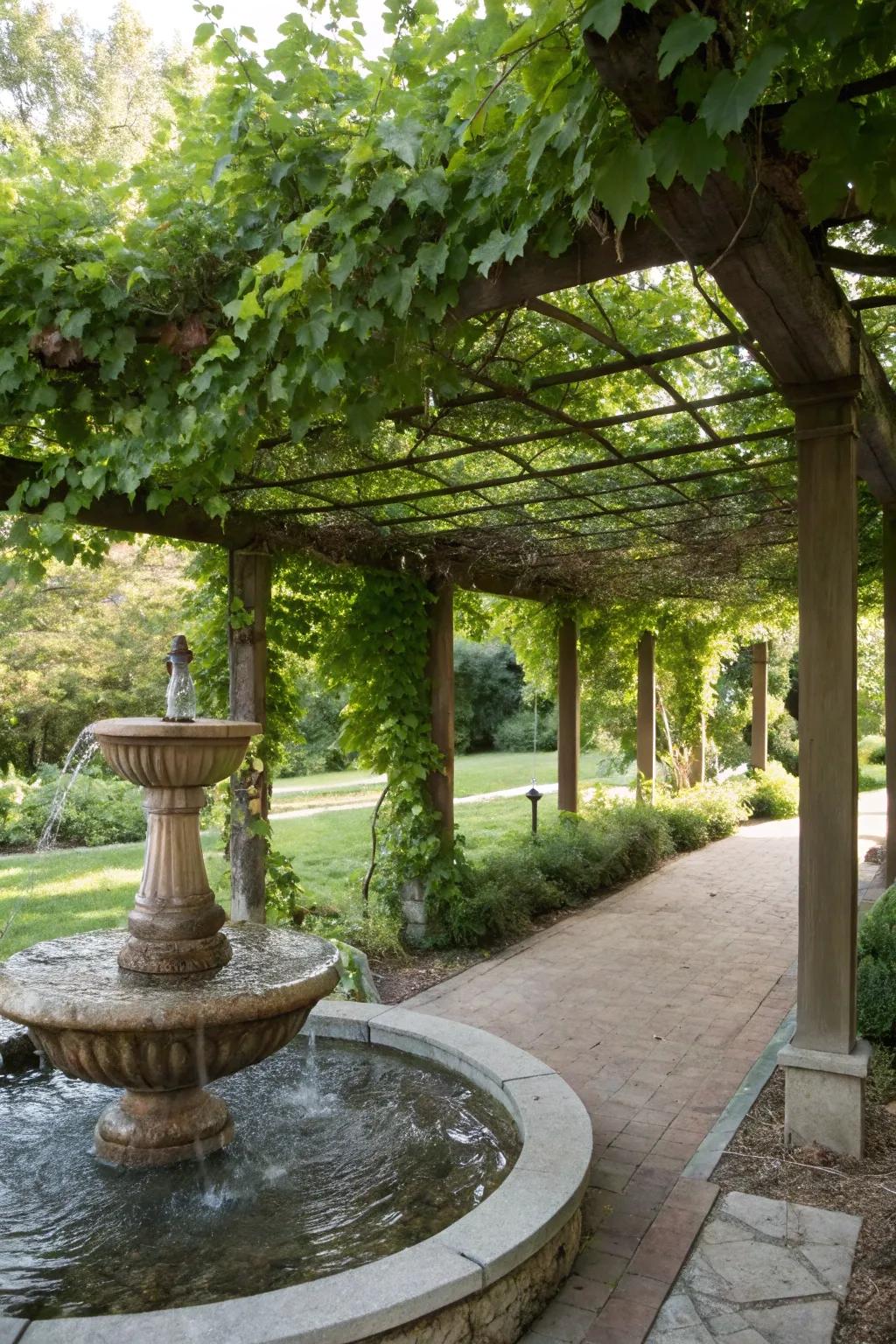 A pergola with a water feature, creating a peaceful garden oasis.