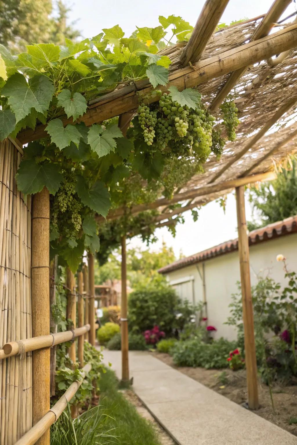 A DIY bamboo trellis supporting grapevines, lending an exotic flair to the garden.