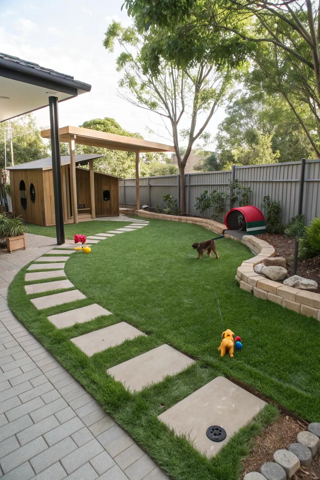 Create pet-friendly zones with grass and pavers for a safe play area.