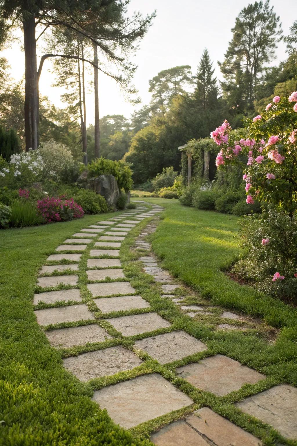 Natural stone and grass walkway for earthy elegance.