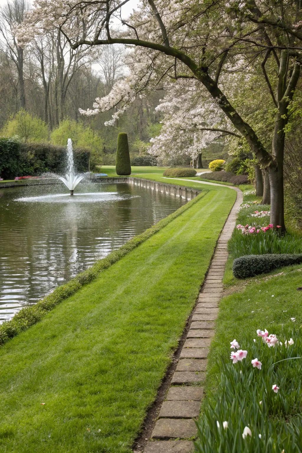 A grassy path enhanced by a calming water feature.