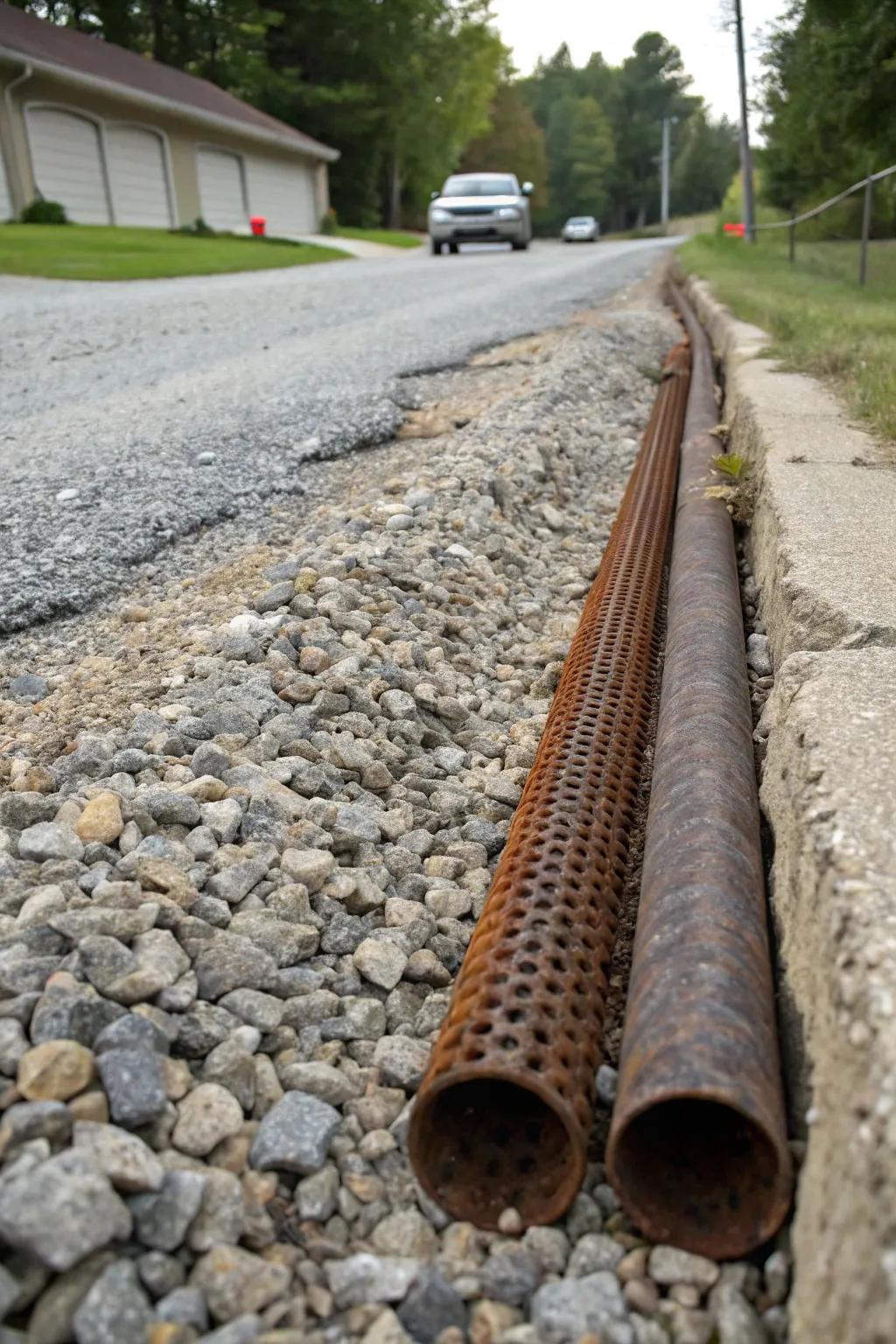 Perforated pipes discreetly integrated into a gravel driveway.