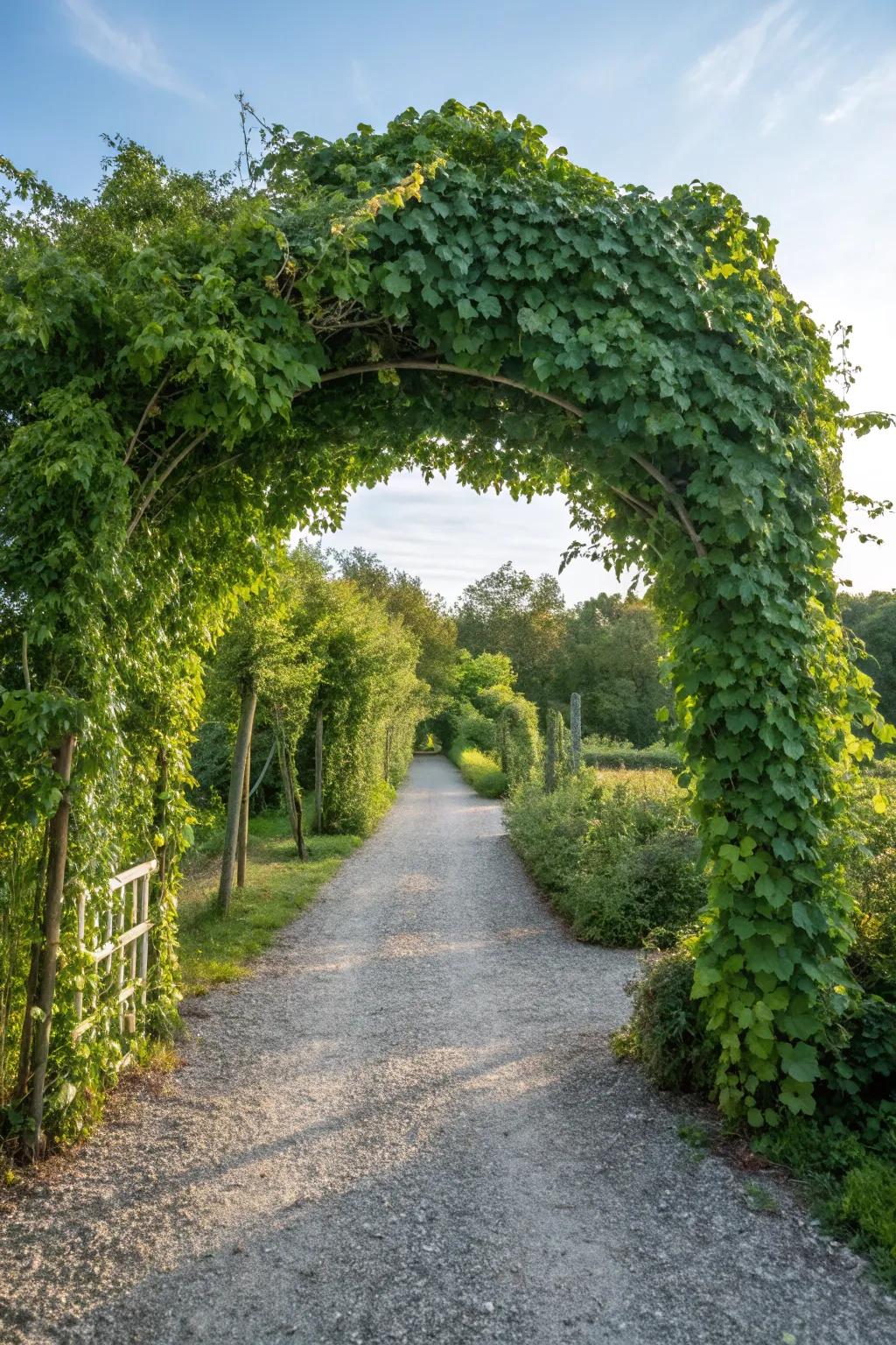 A gravel driveway with a welcoming green archway.