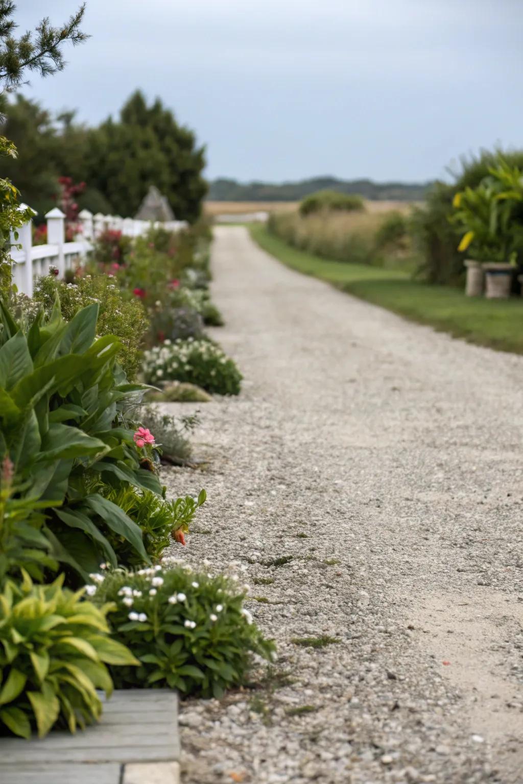 Upgrade your driveway with gravel and greenery.